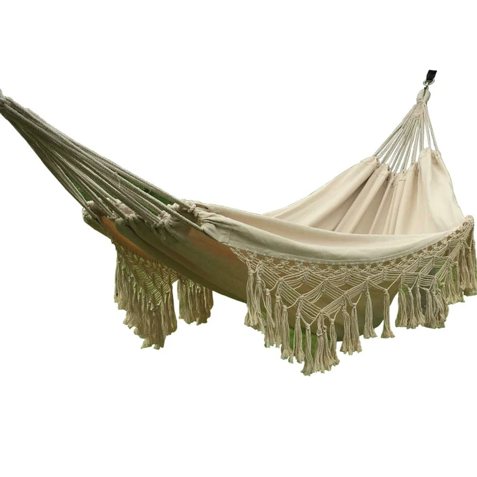 Hamaca de algodón tejida a mano para balcón, silla colgante de cuerda, columpio de porche con flecos de ganchillo para patio trasero, patio, jardín, exterior e interior, estilo bohemio, blanco natural