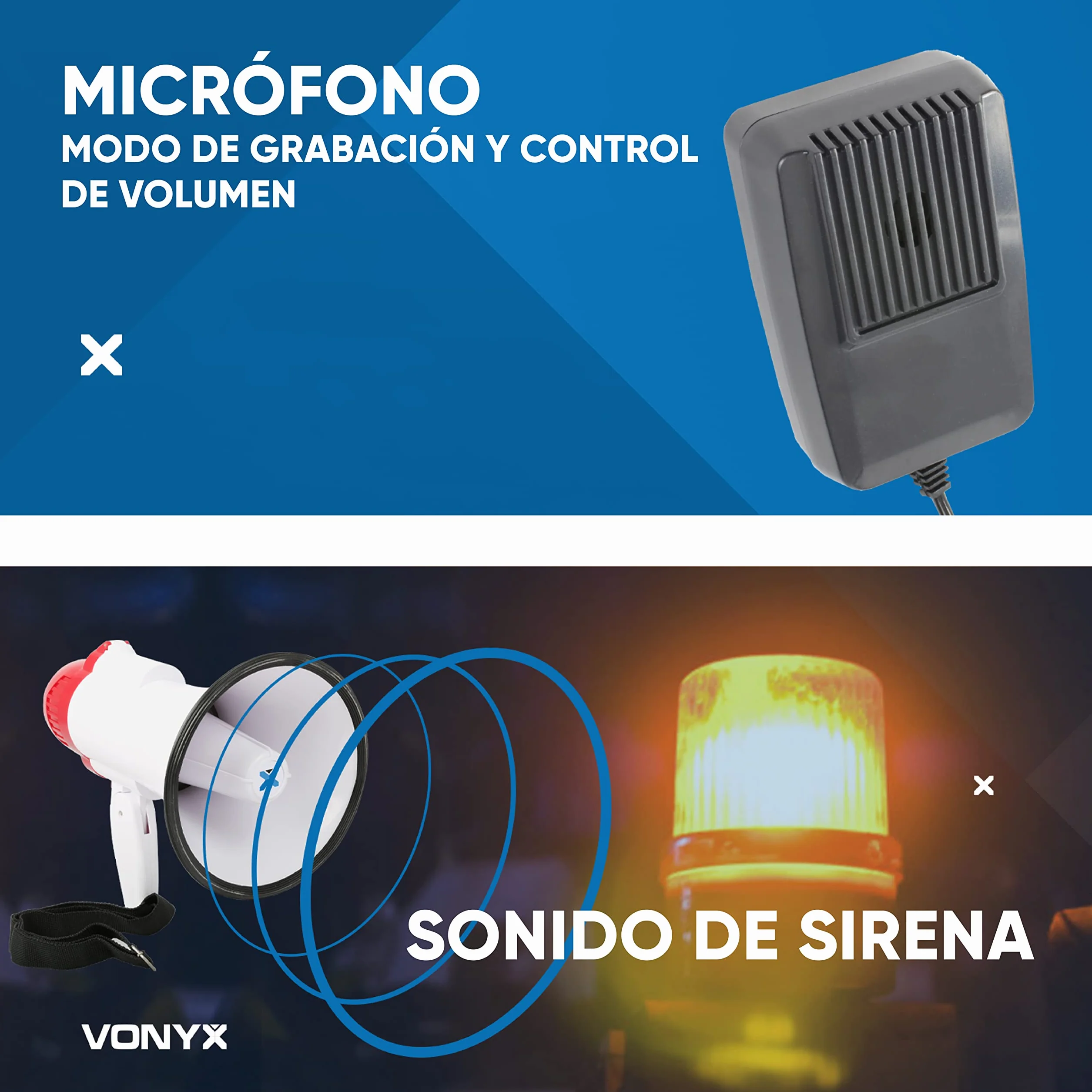 Vonyx MEG040 Megáfono Portátil 40W, Alcance 1 km, Micrófono, Grabación y Sirena
