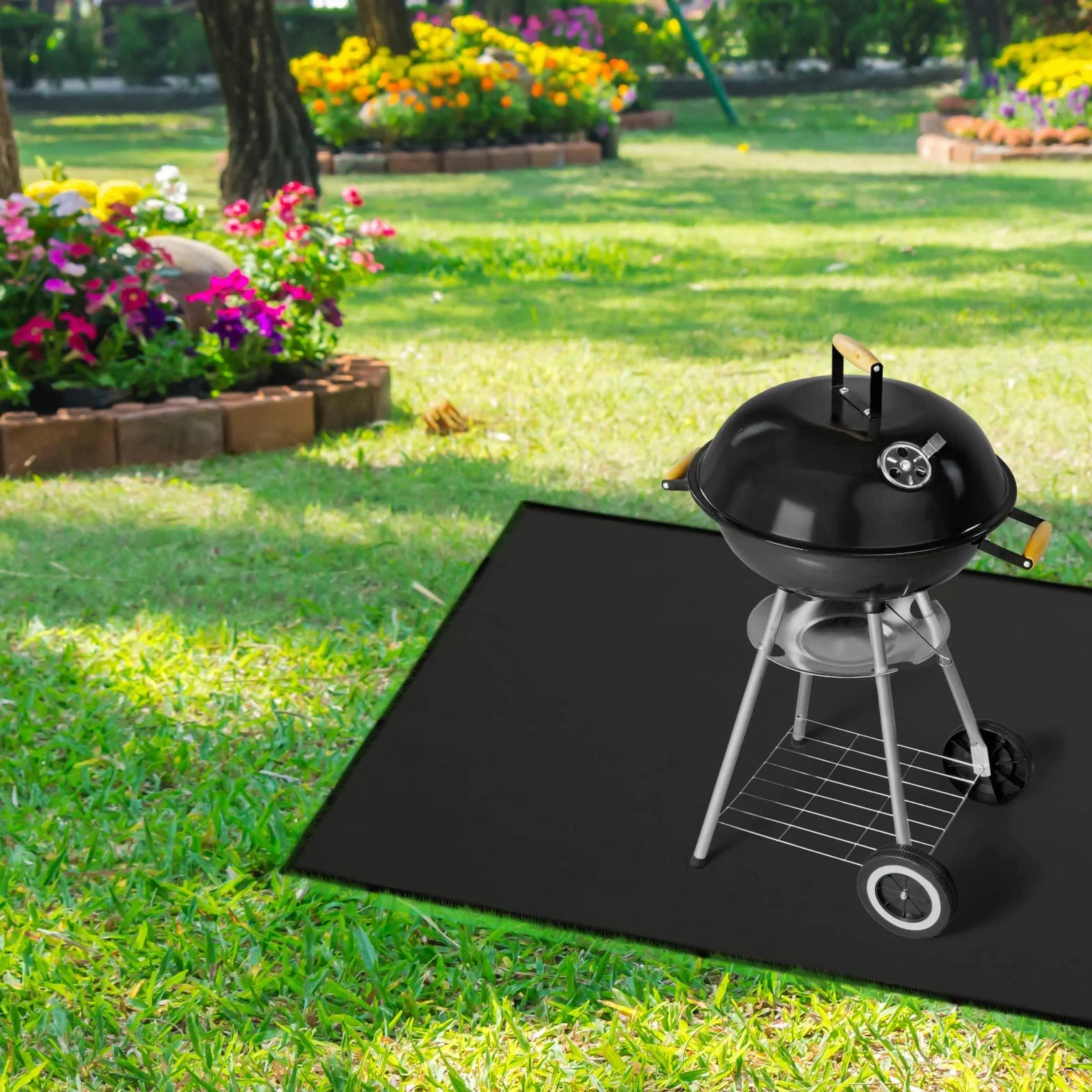 Alfombrilla de parrilla para exteriores, 150 x 102 cm, impermeable, resistente al aceite, soporte ignífugo, doble cara, reutilizable, cuadrada, negro