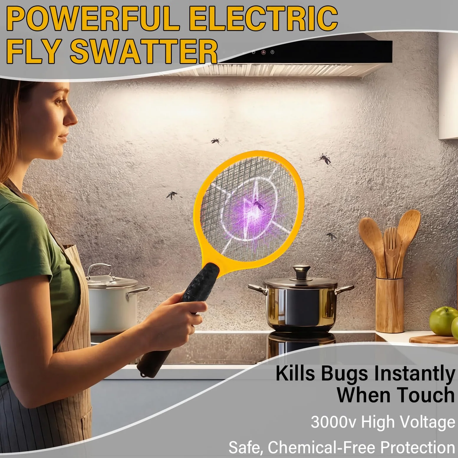 Paquete de 12 matamoscas eléctrico a granel, raquetas matamoscas para interiores y exteriores, raqueta de mosquitos con malla protectora, funciona con pilas AA, no incluidas (amarillo)