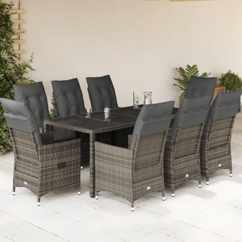 Hothingwell - Juego de mesa de jardín (9 piezas, vidrio templado, color gris | Respaldo ajustable, cojines de goma extraíbles, resina trenzada duradera, fácil mantenimiento