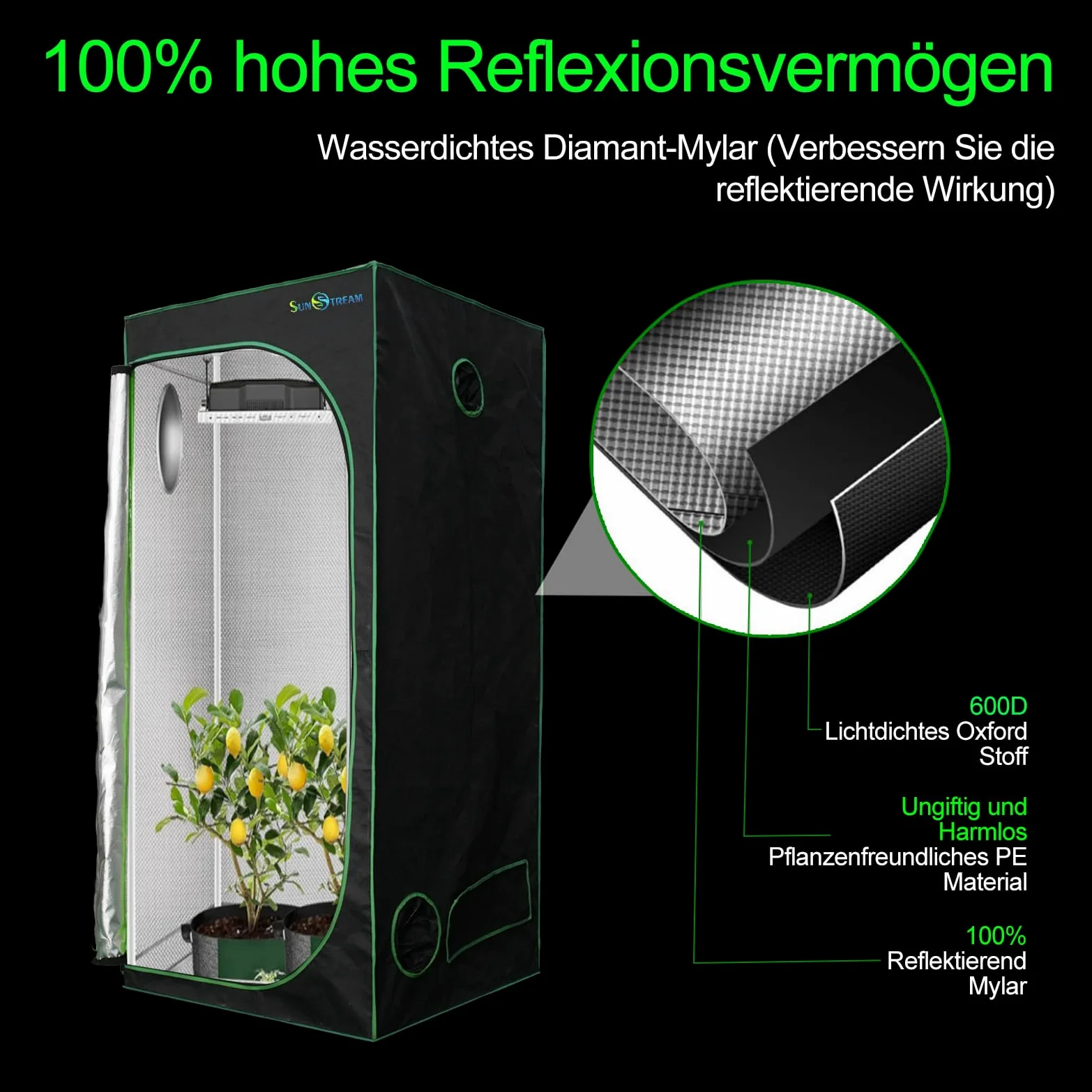 SunStream Tienda de cultivo verde 100 x 100 x 200 cm, para interior, resistente a la luz y al agua, armario de cultivo con ventana de observación de Mylar resistente al agua y bandeja inferior para