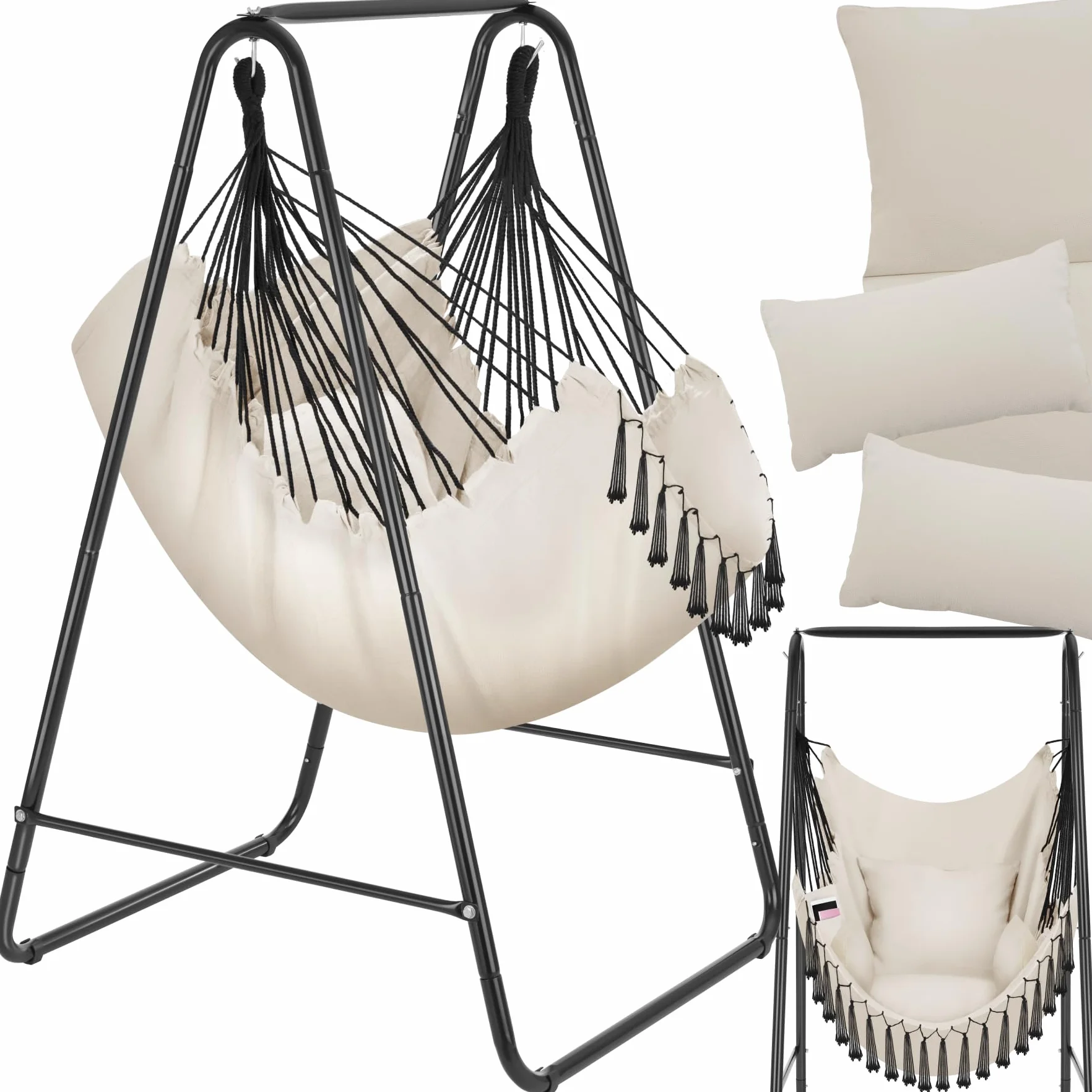 Silla Colgante Boho, Estructura De Acero, Borlas Decorativas, Cojines Gruesos, Bolsillo Lateral, Interior Y Exterior, Hamaca Sillón Colgante para Jardín, Terraza, Salón, Dormitorio