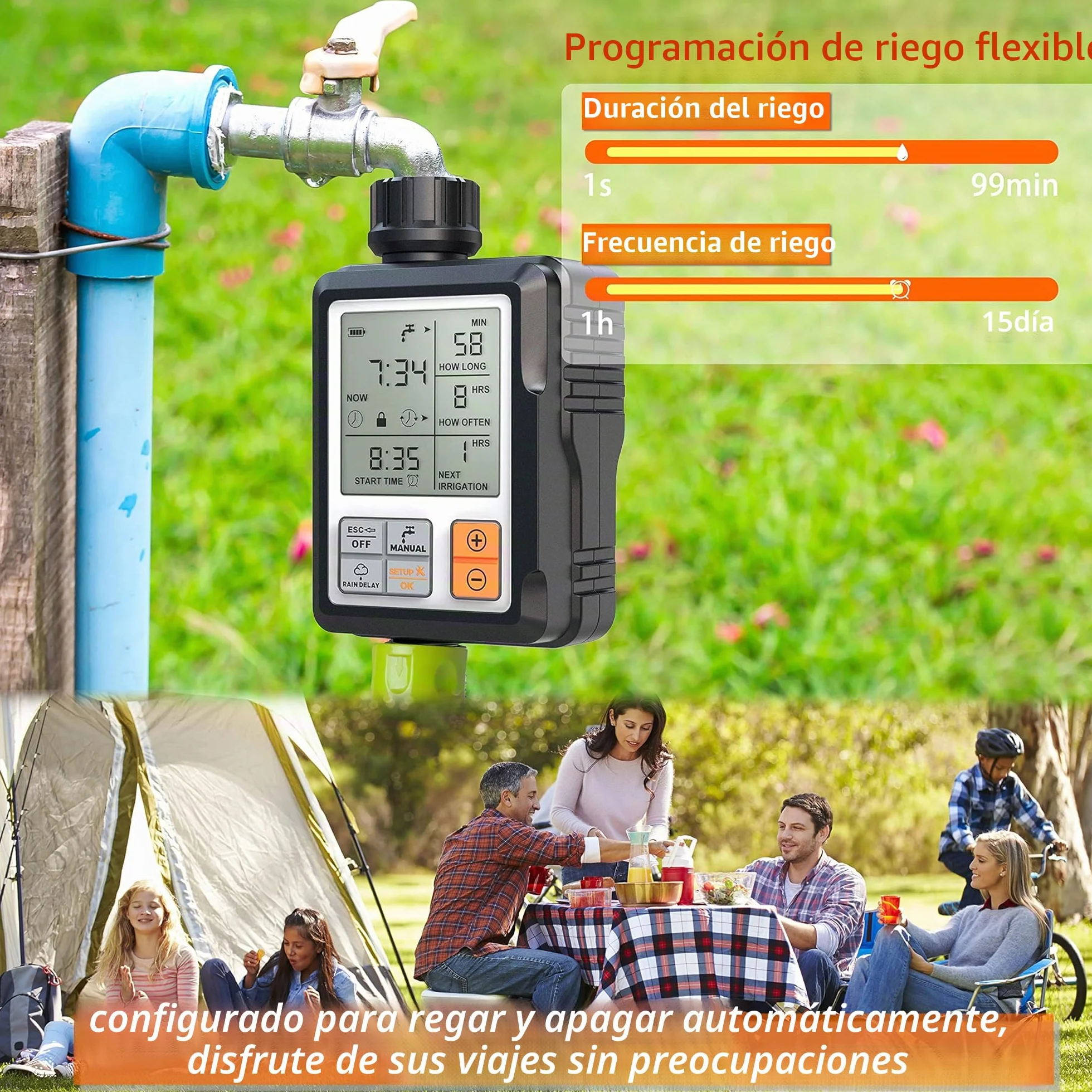CROSOFMI Programador Riego Jardin Temporizador de Riego Automatico Control Pantalla Grande de 3 Pulgadas Naranja