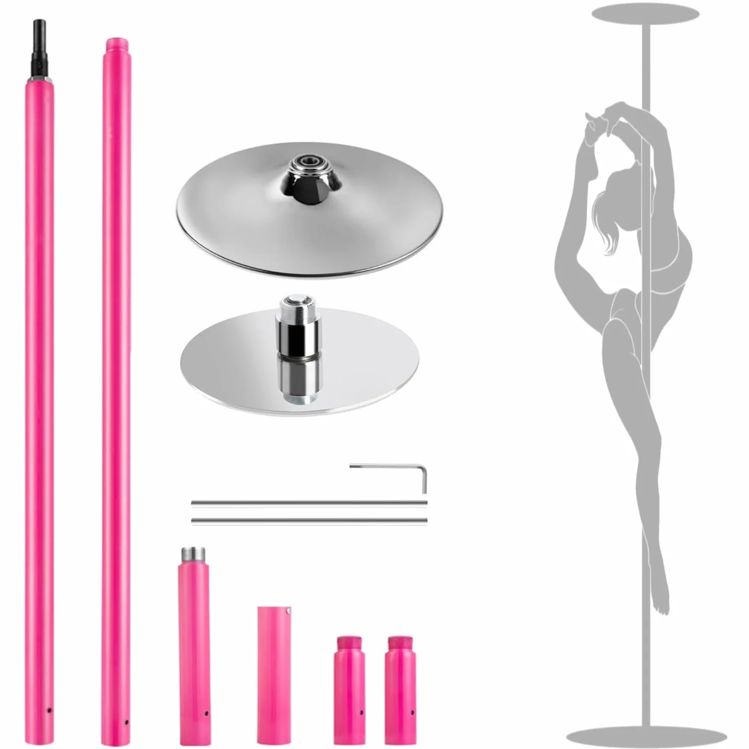 Palo Pole Dance de Acero con Revestimiento de Silicona Rosa 2 Modos Estático y Spinning Kit Ajustable