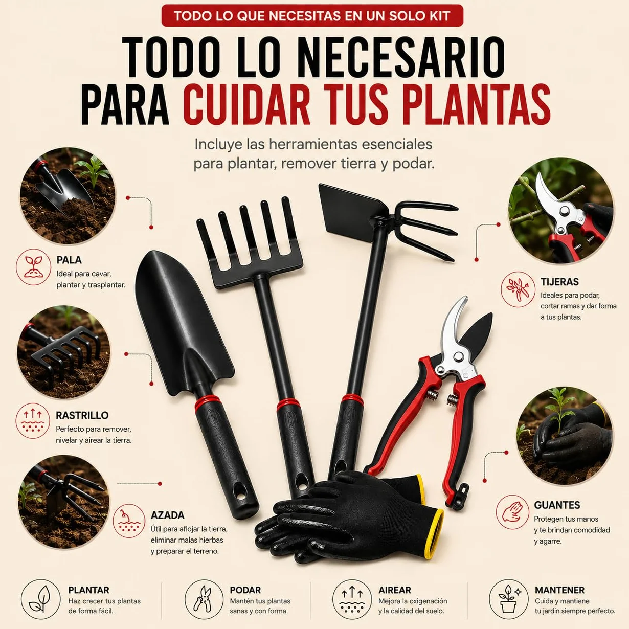 Kit 5 Herramientas de Jardinería de Metal Que Incluye Tijeras de Podar, Pala Trasplantadora, Rastrillo, Azada Doble y Guantes | Kit jardineria para Jardín, Huerto Urbano y Terraza (Rojo/Negro)