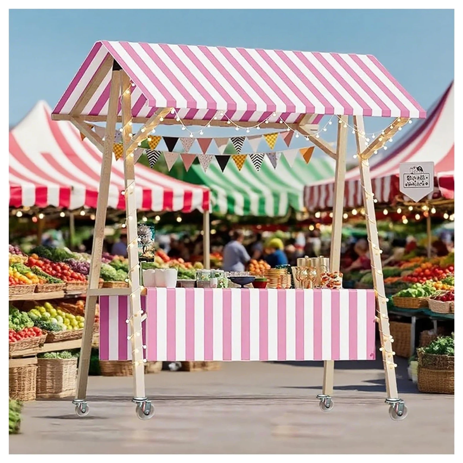 Quiosco plegable de madera para mercados con ruedas para venta ambulante en festivales, playas y mercados de agricultores