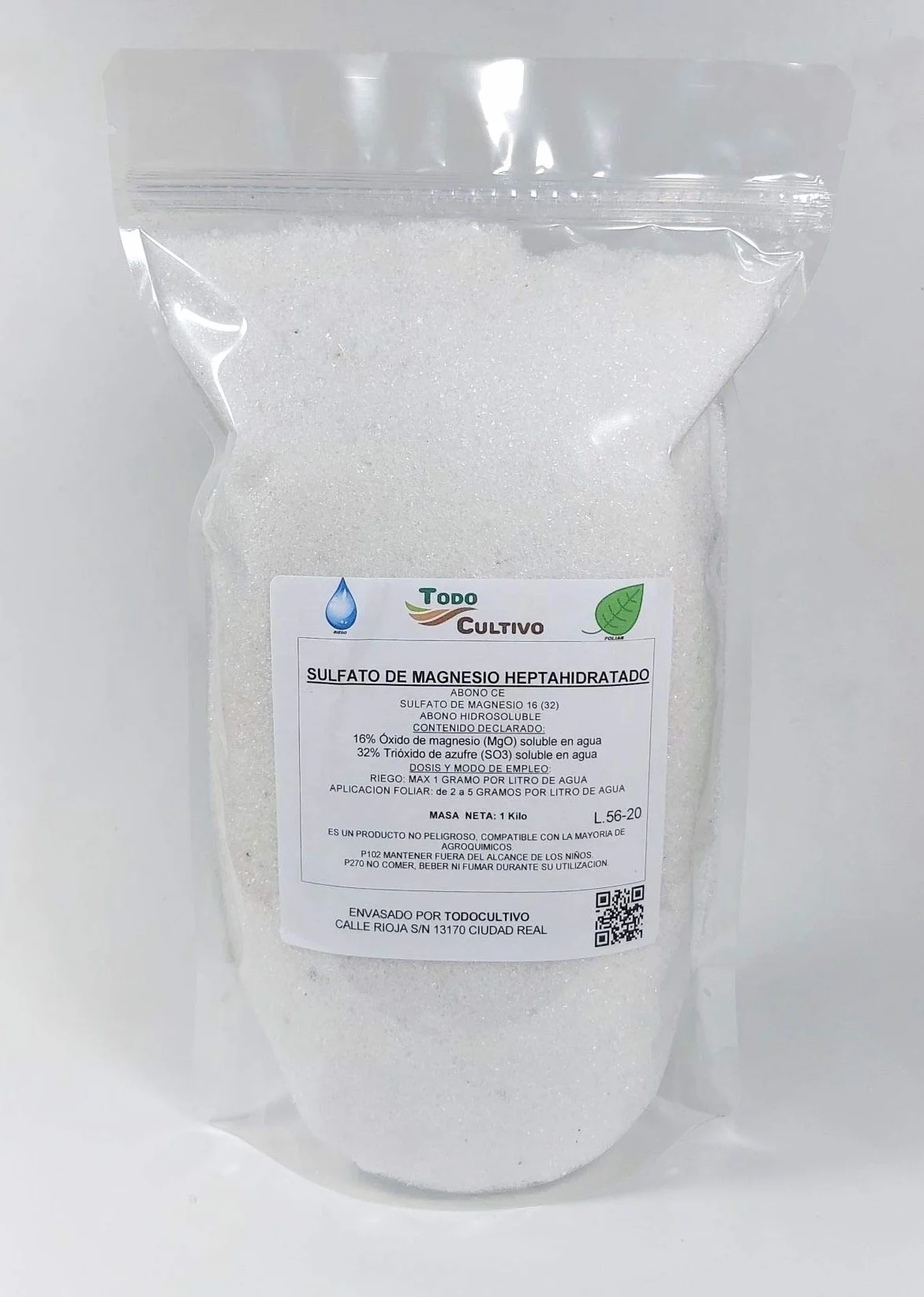 de Magnesio Puro (MG SO₄·7H₂O). Sal de Epsom. 1 Kg. Muy Utilizado en Cultivo de Flores como la Rosa, cítricos, frutales, hortalizas, Ornamentales.