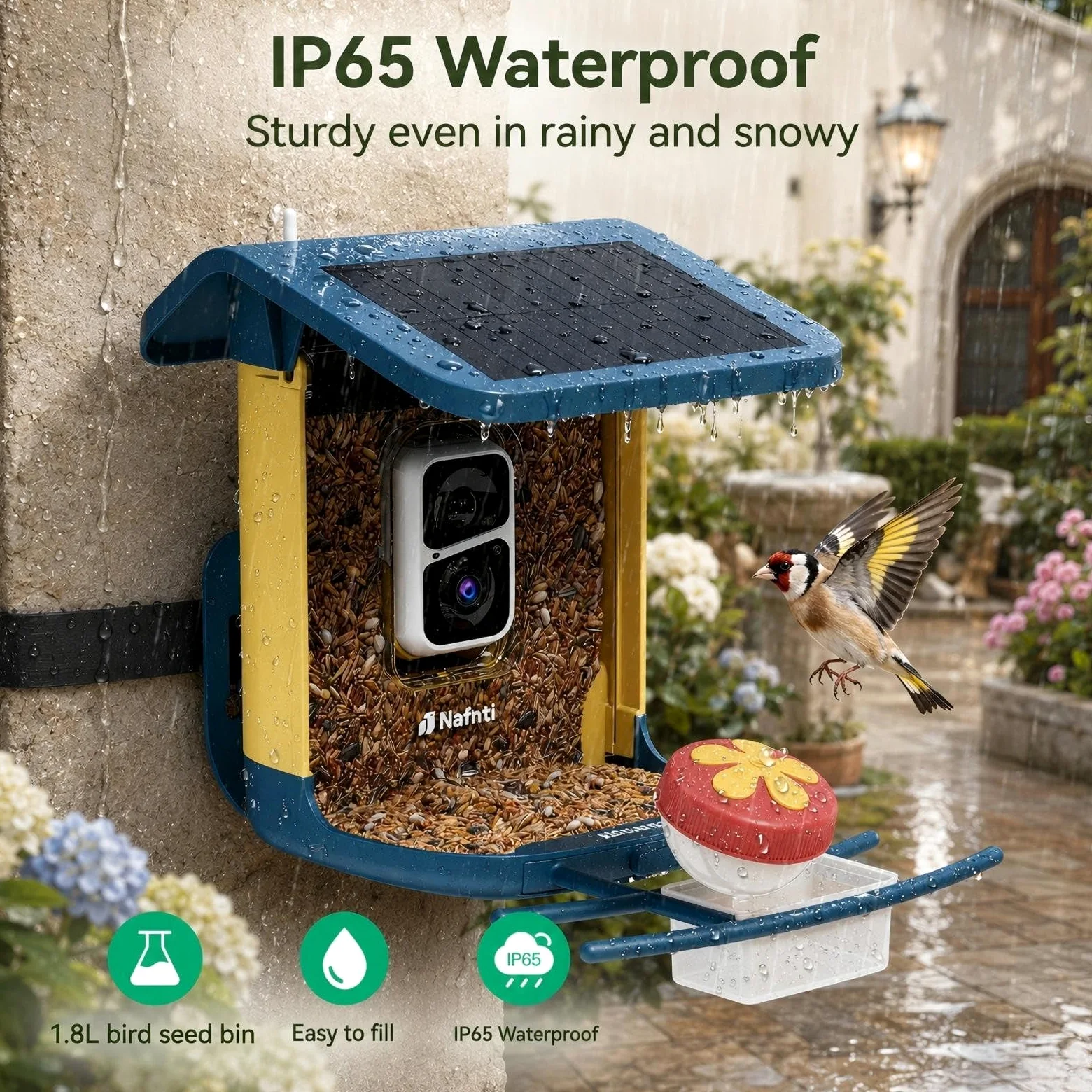 Comedero para pájaros con cámara alimentada por energía solar, 2K HD Live, AI Bird ID 1.8L