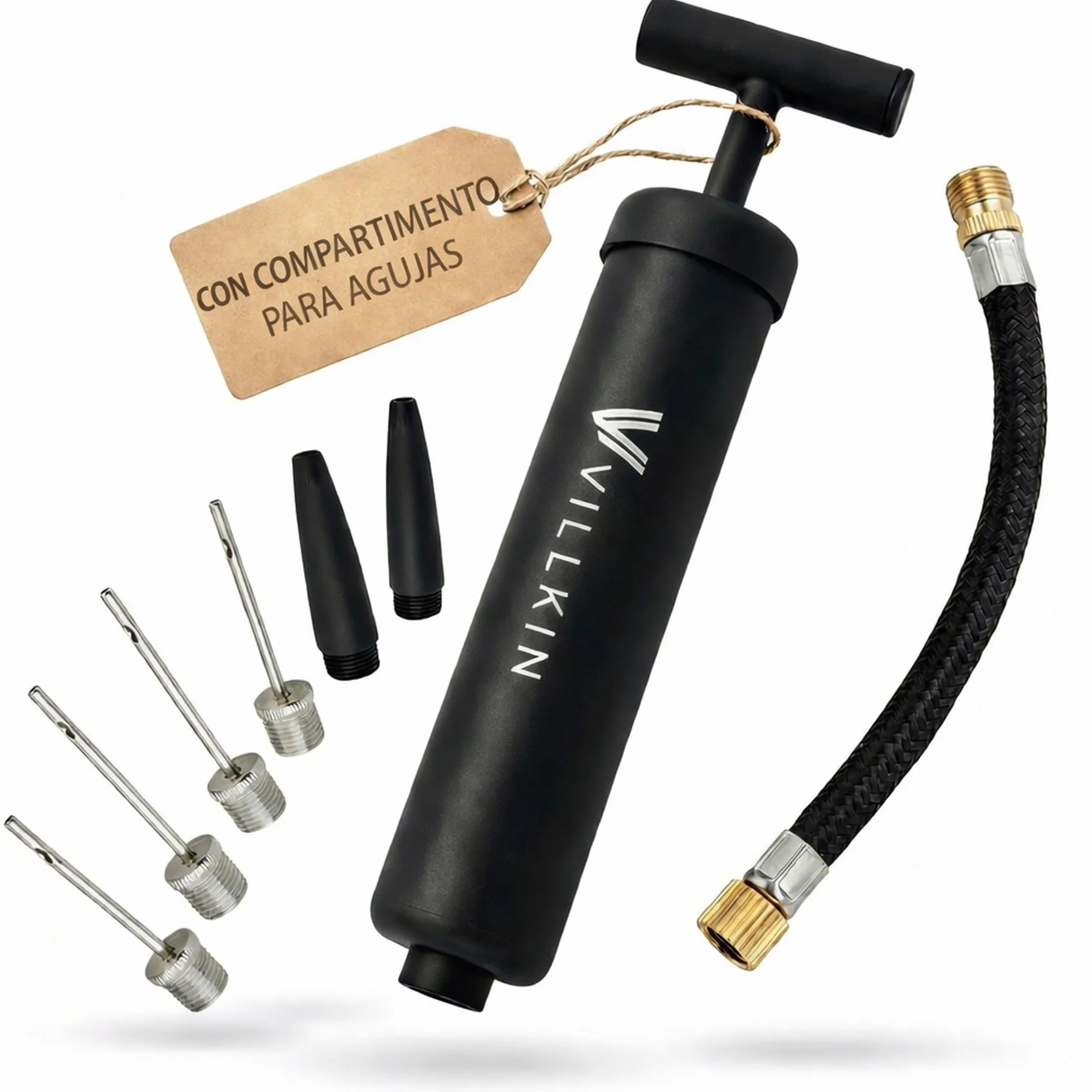 Villkin Inflador para Pelotas con 4 Agujas de Metal, 2 Boquillas de Plástico, Manguera Flexible - Negro