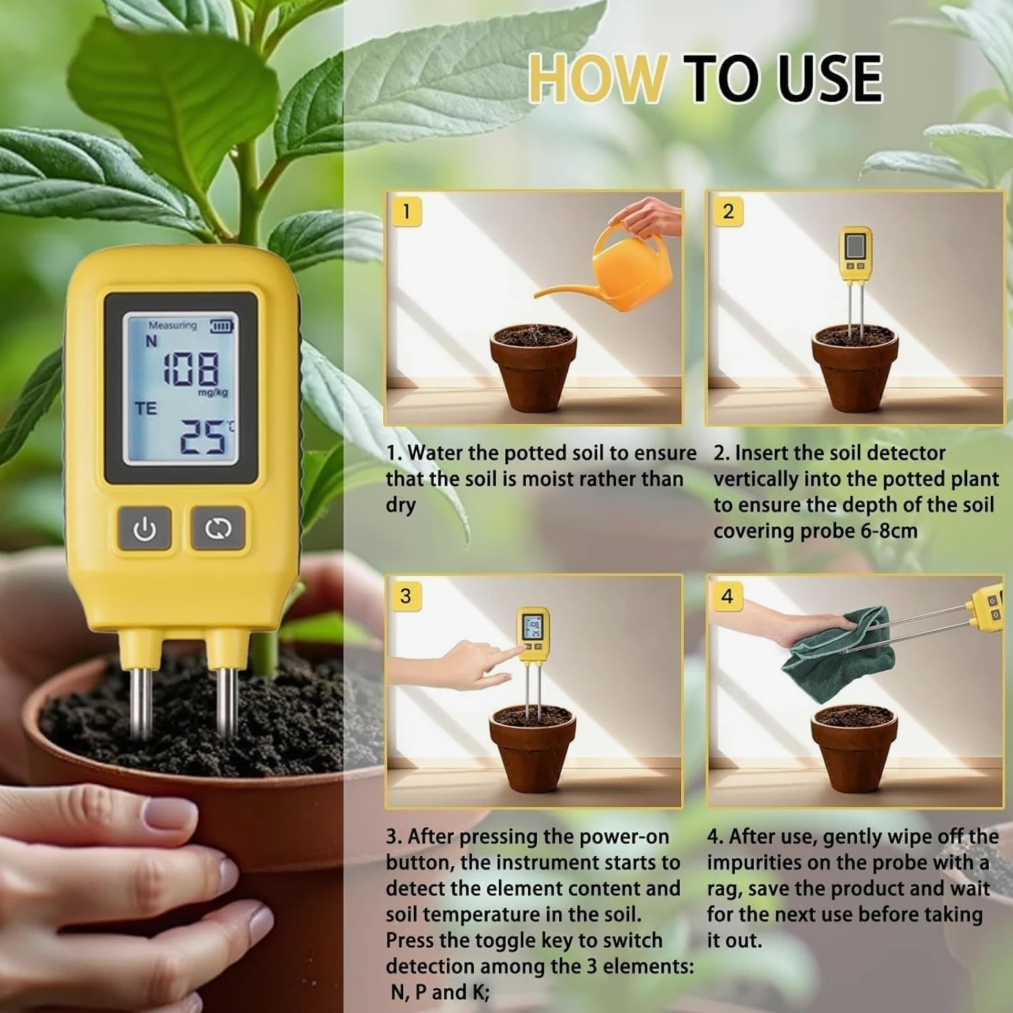 Analizador de suelo NPK 4 en 1, mide nitrógeno, fósforo, potasio y temperatura con alta precisión. Medidor digital de fertilidad del suelo con pantalla LCD, ideal for jardinería
