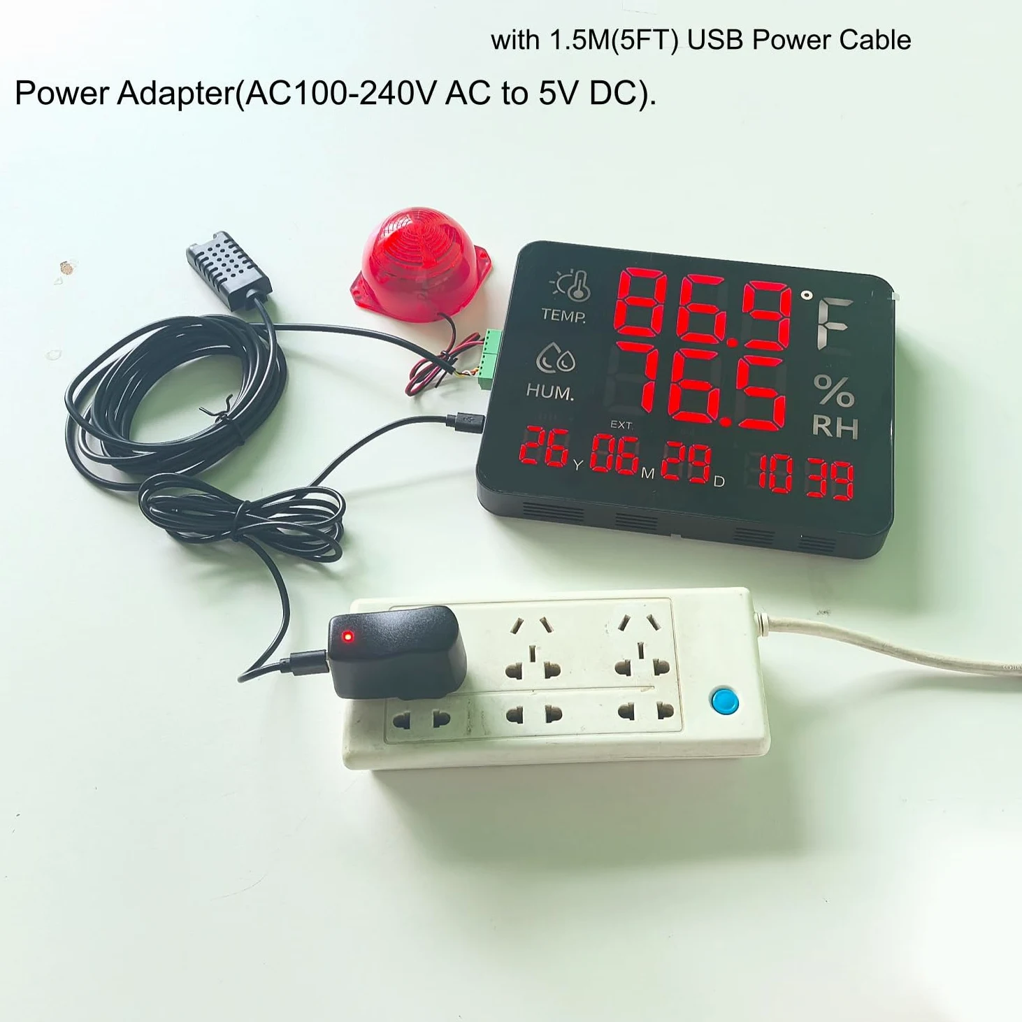 Termómetro de pantalla grande, luz de advertencia de temperatura grande, máximo mínimo para monitorear alta y baja temperatura, sensor de humedad, alerta de alarma, termómetro higrómetro con hora y