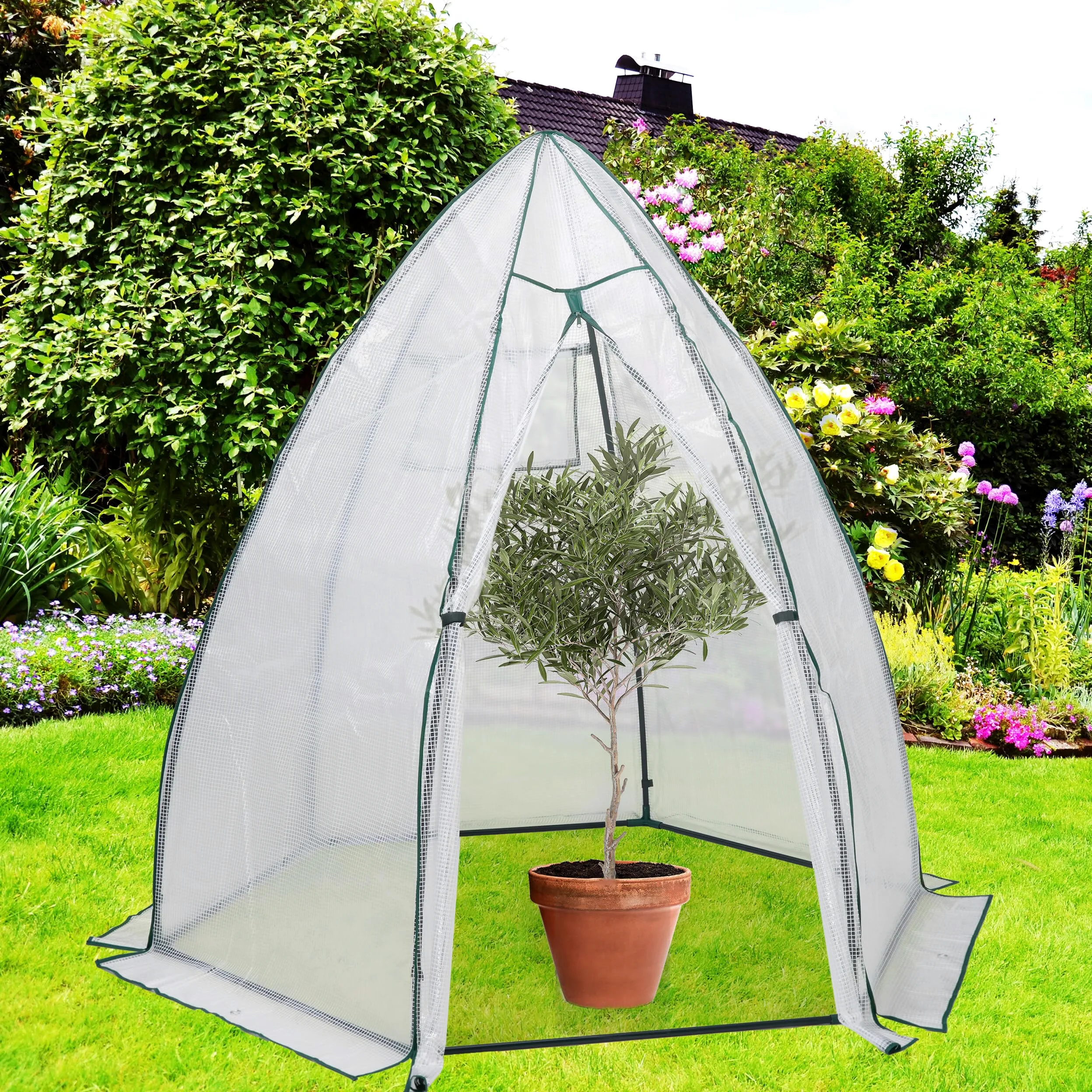 Relaxdays Invernadero, de Plástico, 185 x 180 x 160 cm, Protección Plantas en Invierno, Puerta y Ventana, Transparente
