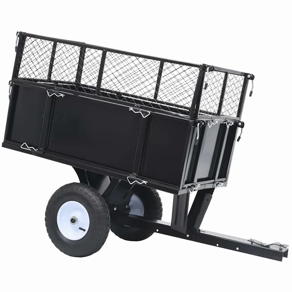 Remolque basculante para cortacésped de acero de 150 kg de carga con ruedas neumáticas 130 x 52 x 87 cm, acoplamiento universal, paredes laterales plegables para el cuidado del jardín