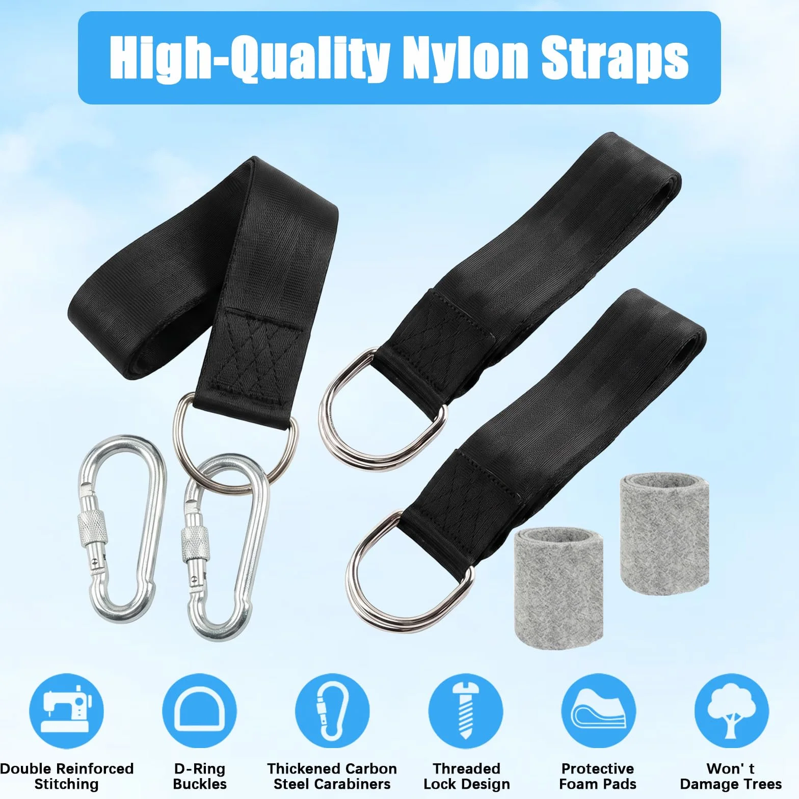 900 kg Correas Hamaca Kit Columpio, Fijación Suspensión 2 x 150 cm con Mosquetones, Anillos en D, Protectores de Árbol y Bolsa para Jardín, Camping, Uso Exterior