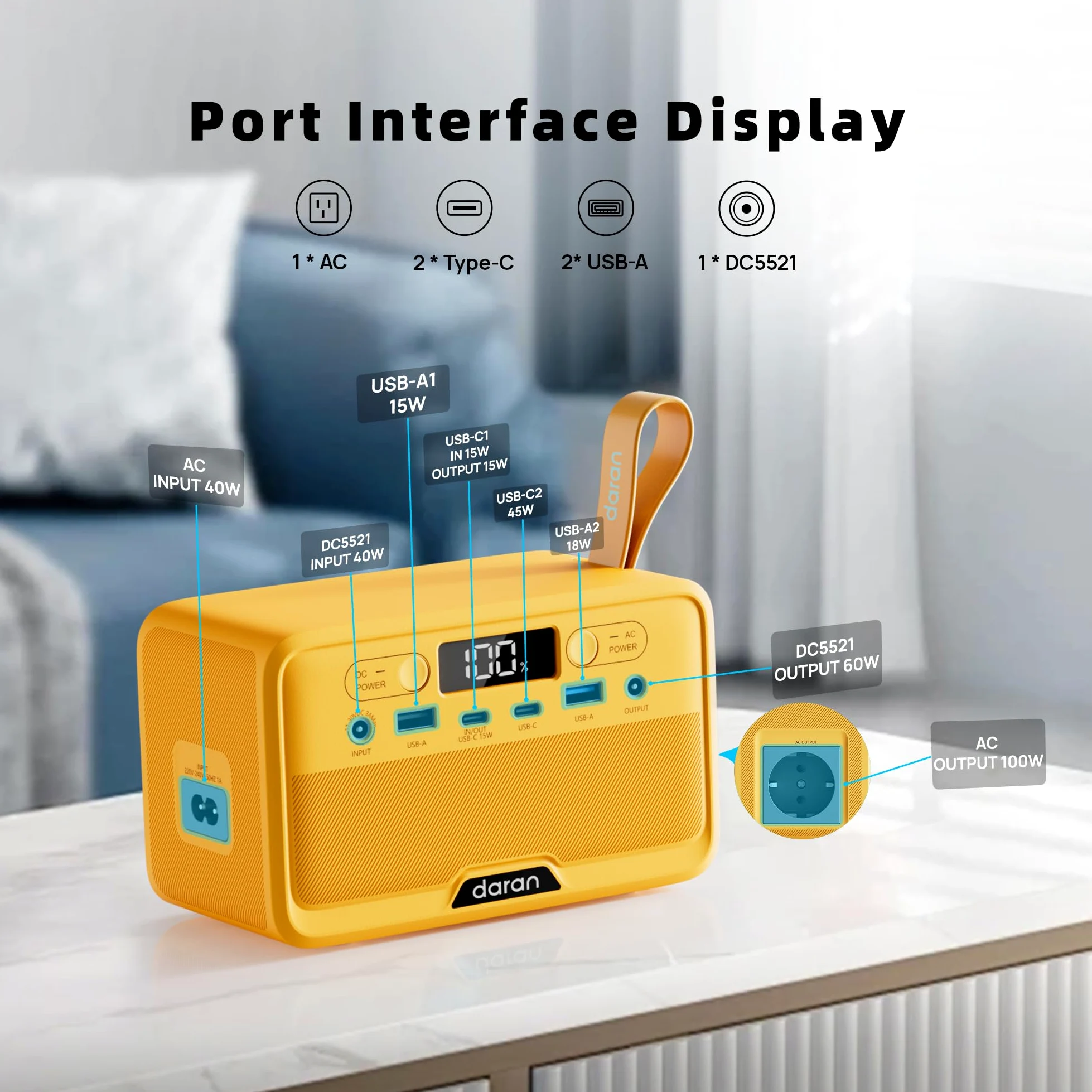 Estación de alimentación portátil, 100 W, 89,6 Wh, 1,15 kg, USB-A 18 W, USB-C 45 W, CA / carga solar de 40 W, para camping, viajes y suministro de energía de emergencia al aire libre