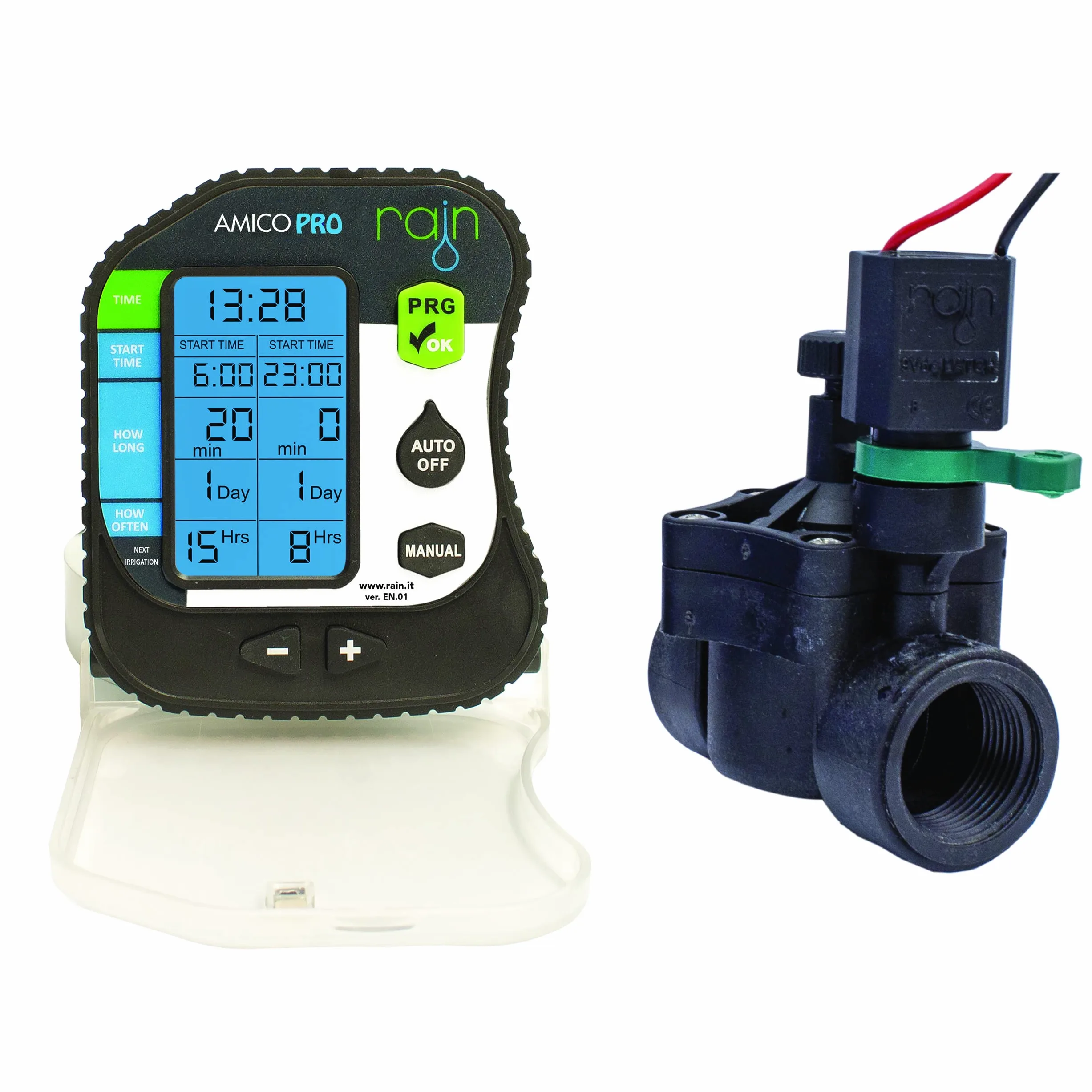 RAIN Amico PRO con electroválvula 1" F 9V centralita de riego para exterior a baterías