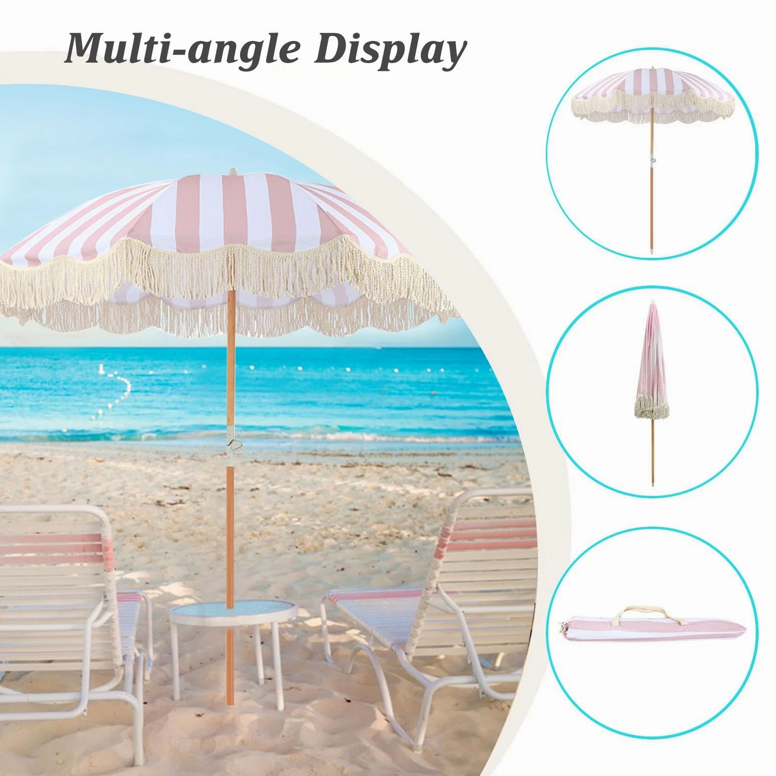 Sombrilla De Playa Grande Antiviento 2m Rosa Sombrillas Terraza Parasol De Jardín Anti UV Parasol Terraza De Jardín Sombrilla Jardin Exterior Con Borlas Para Piscina Balcón Y Césped