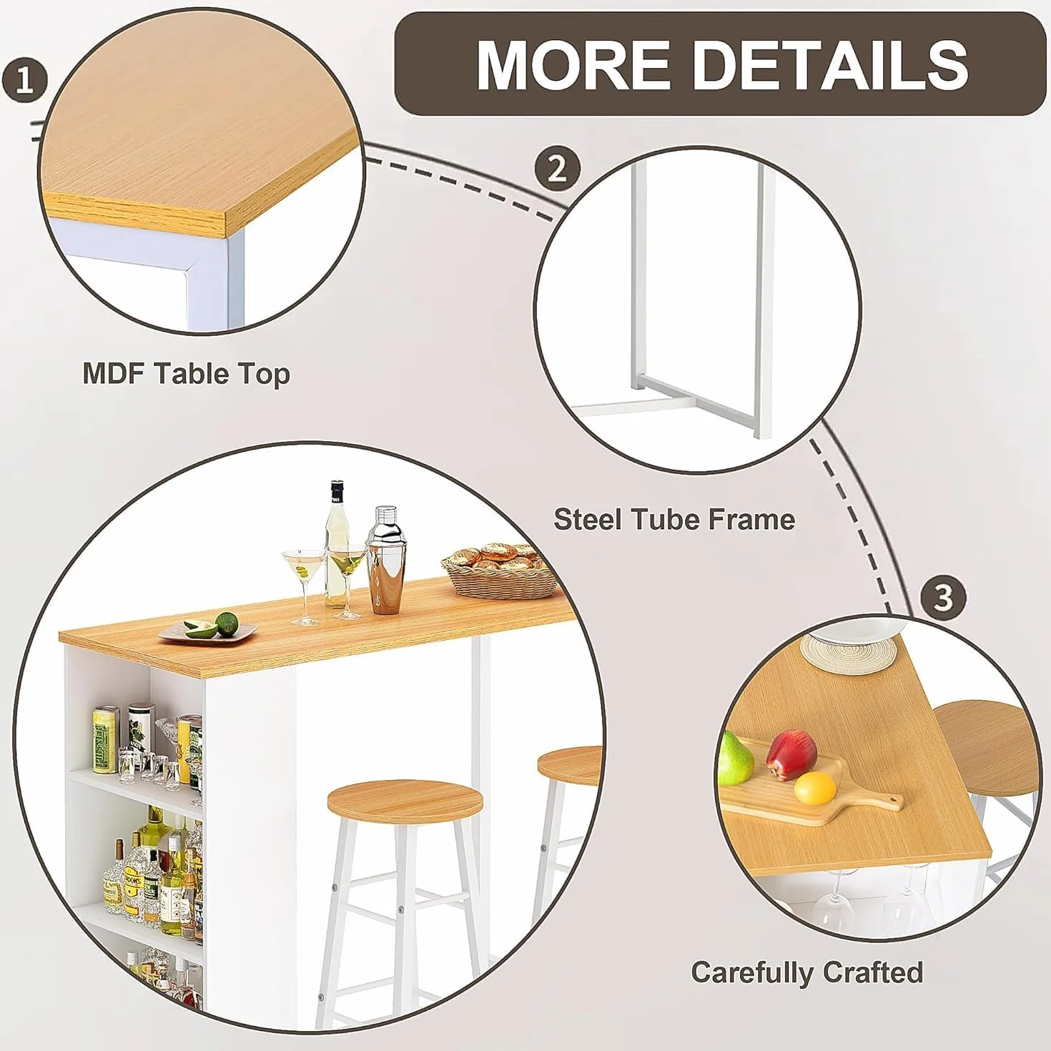 soges Juego de bar con mesa de bar y 2 taburetes altos, 91 x 49,5 x 91 cm, mesa de comedor, mesa de restaurante, mesa de pub con estante de almacenamiento de 3 niveles.