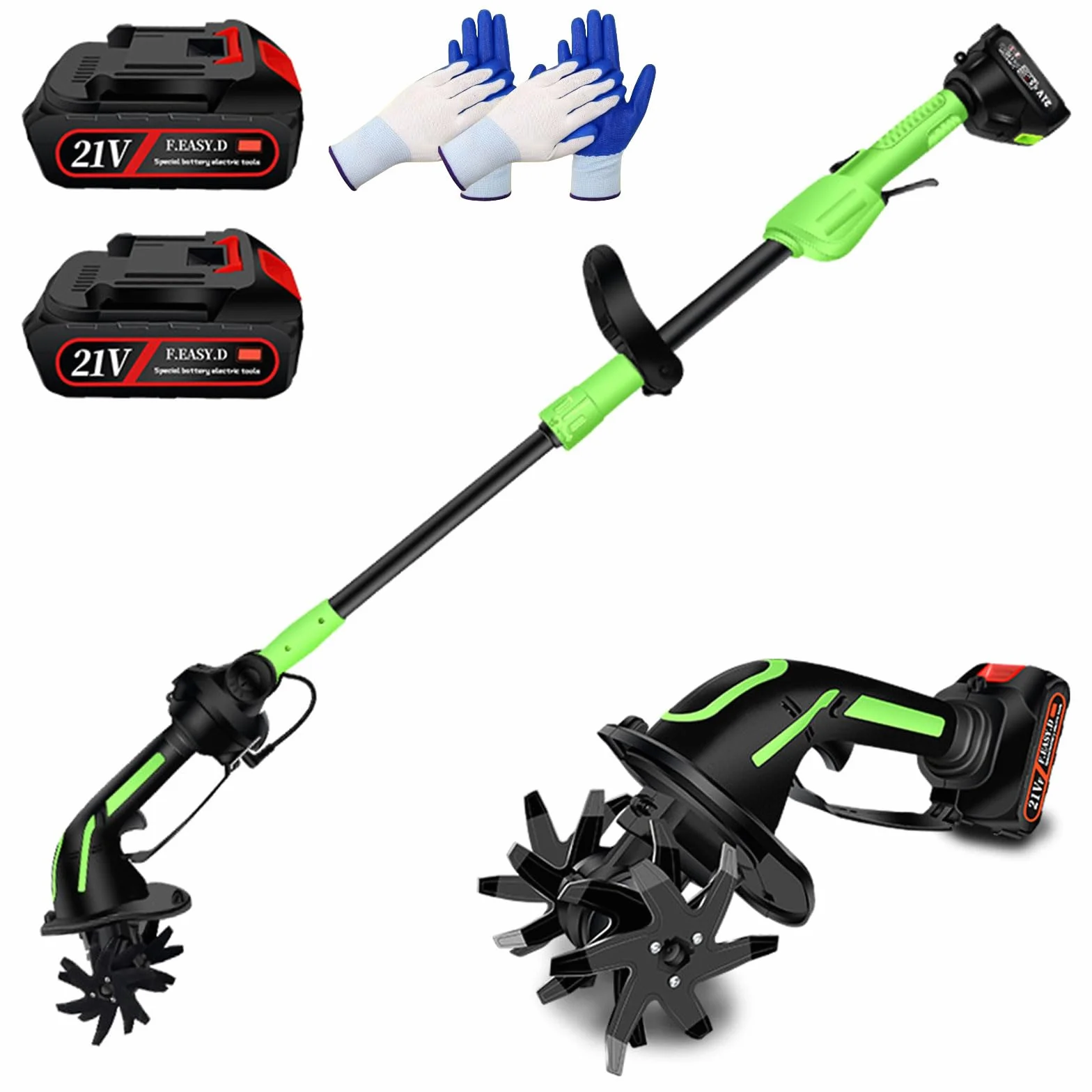 Rotavator Eléctrico Inalámbrico para Jardín, Cultivador Inalámbrico de Mano de 21V con Mango de 1,3 Metros de Largo, Minicultivador Inalámbrico con 10Cm de Ancho y Profundidad de Labran Two Batteries