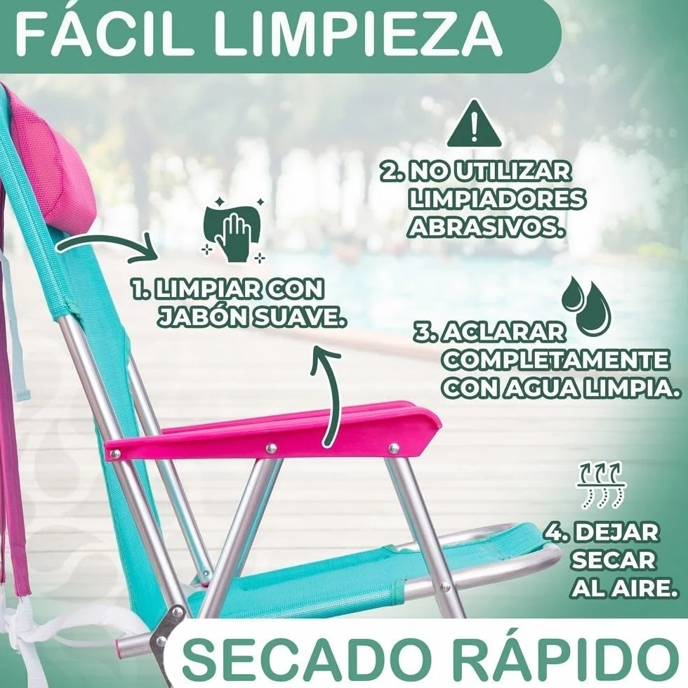 LOLAhome Silla Playa Camping Mochila Junior, Plegable de Aluminio y textileno Aguamarina, Silla Fija de 55x40x71 cm, con cojín Cervical Rosa, Correas Acolchadas y Ajustables