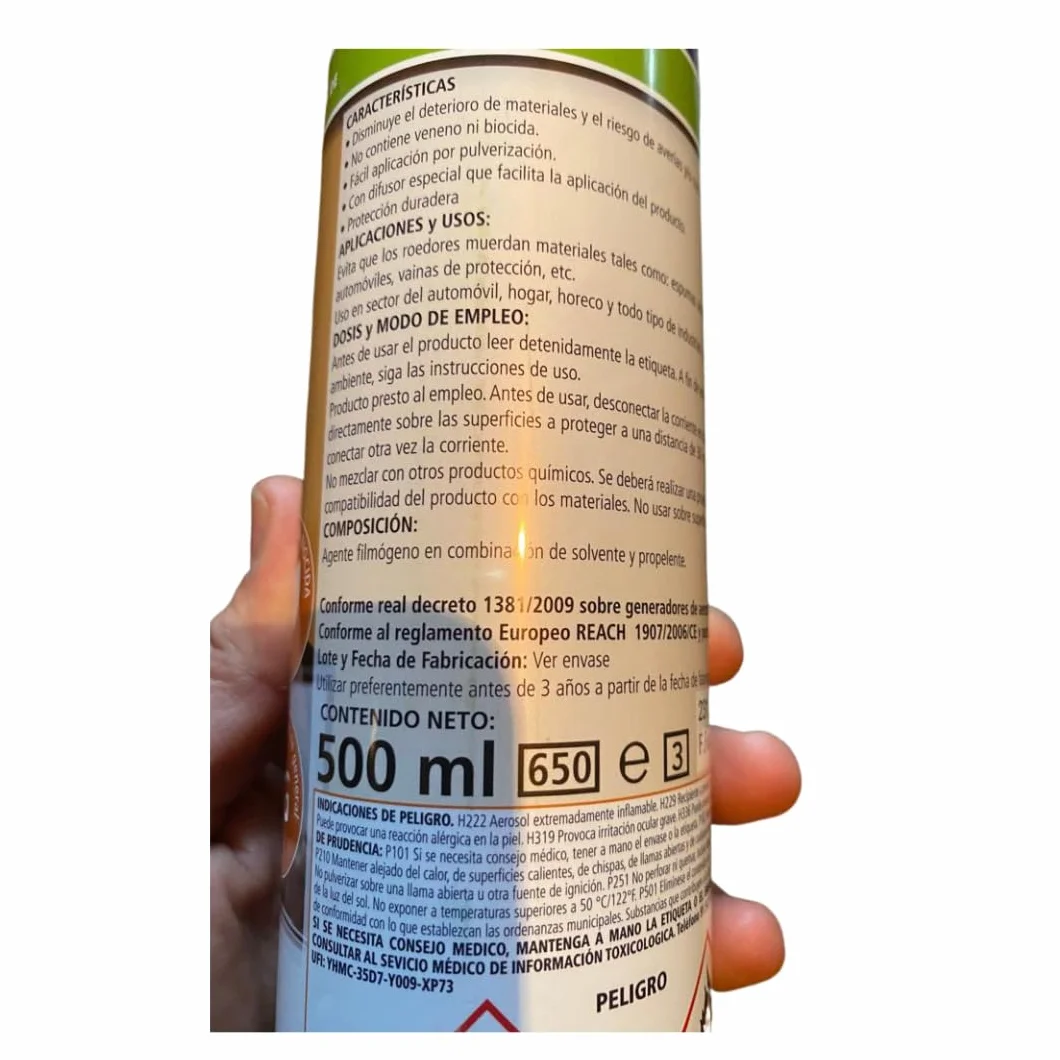 Spray ahuyentador Repelente de Ratas y Ratones para Coche Anti mordeduras de roedores para la protección de Cables eléctricos Cuadro eléctricos automoviles aislantes Aerosol 1X500ml Scare Rat