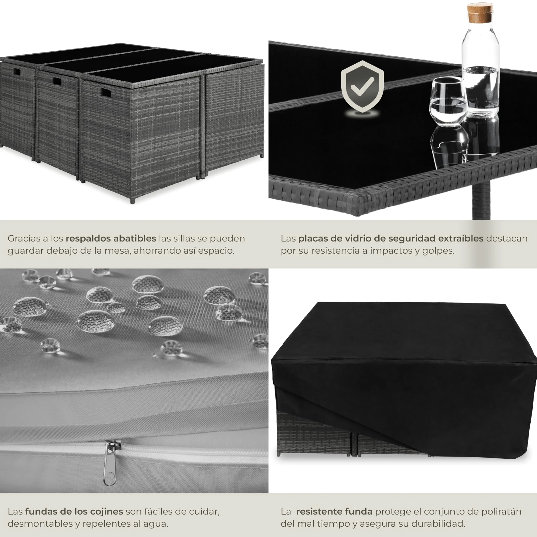 tectake® Conjunto Jardín Exterior de Ratán y Acero, Agrupable en Cubo, Muebles Jardín Exterior Resistente a la Intemperie, para 6-10 Personas, Fundas Extraíbles y Funda Protectora - Gris Claro