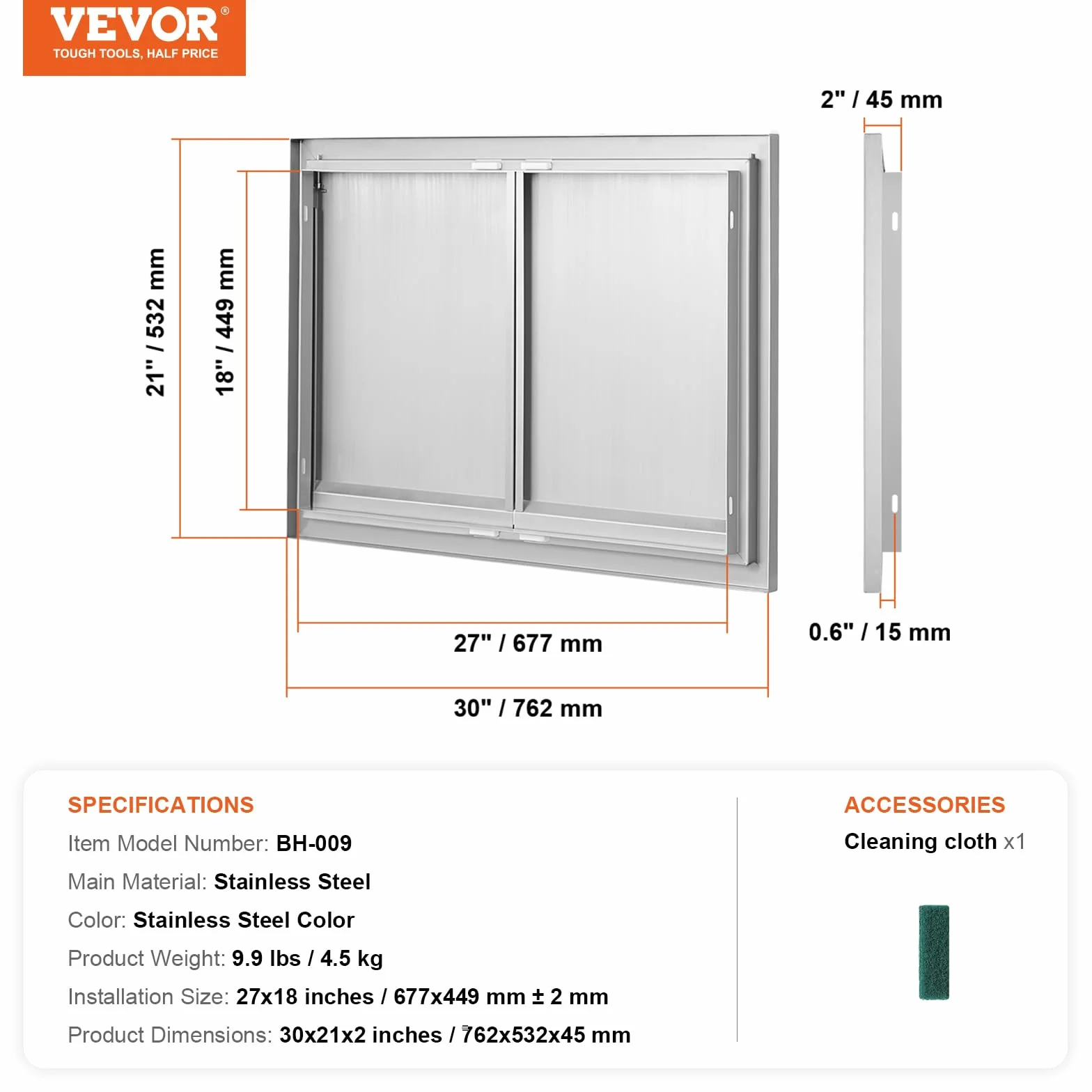 VEVOR Puerta de acceso para barbacoa, puerta de cocina doble de 30 pulgadas de ancho x 21 pulgadas de alto, puerta de montaje empotrado de acero inoxidable, puerta vertical de pared con asas