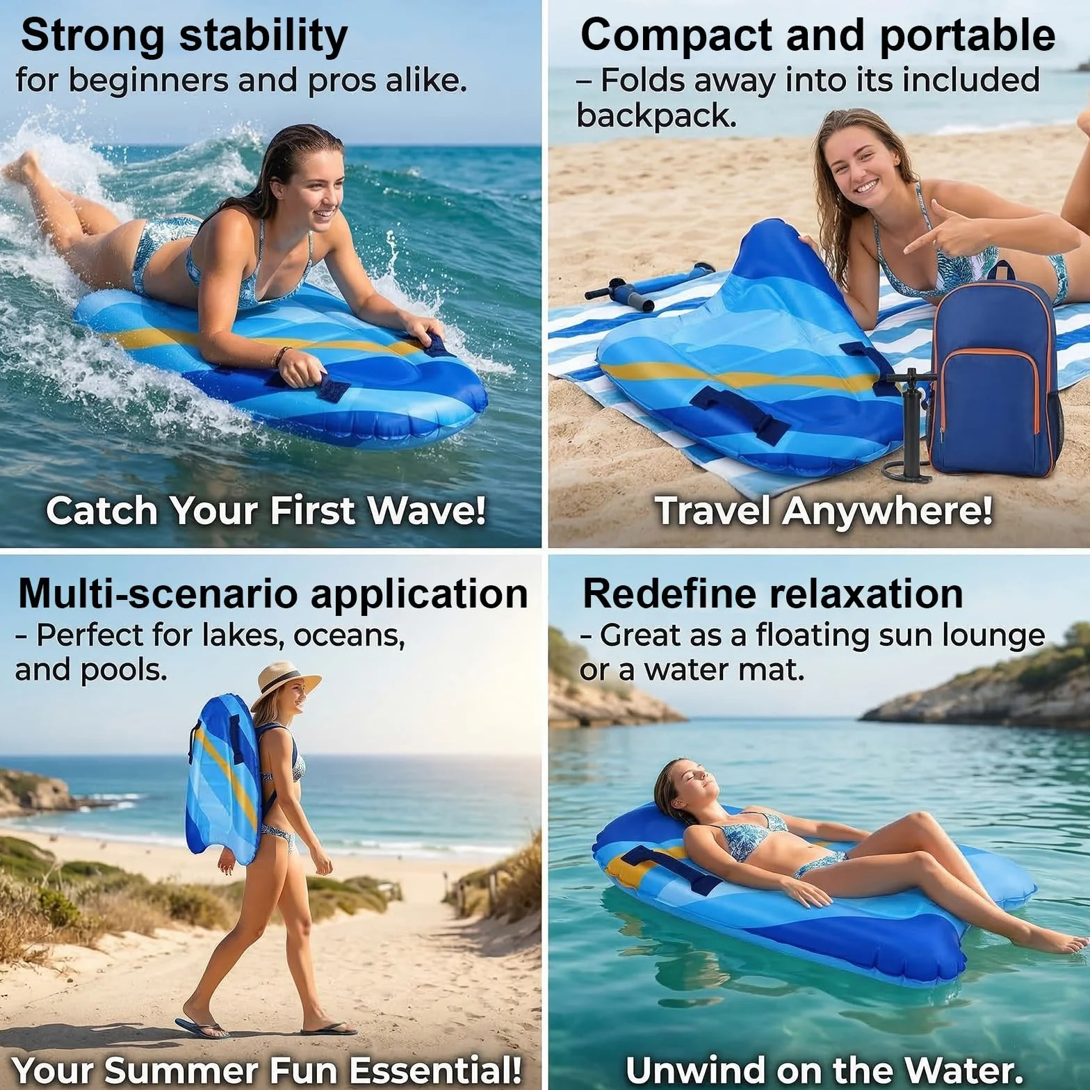 RANJIMA Tabla de bodyboard inflable ligera portátil con asas para surf playa piscina natación