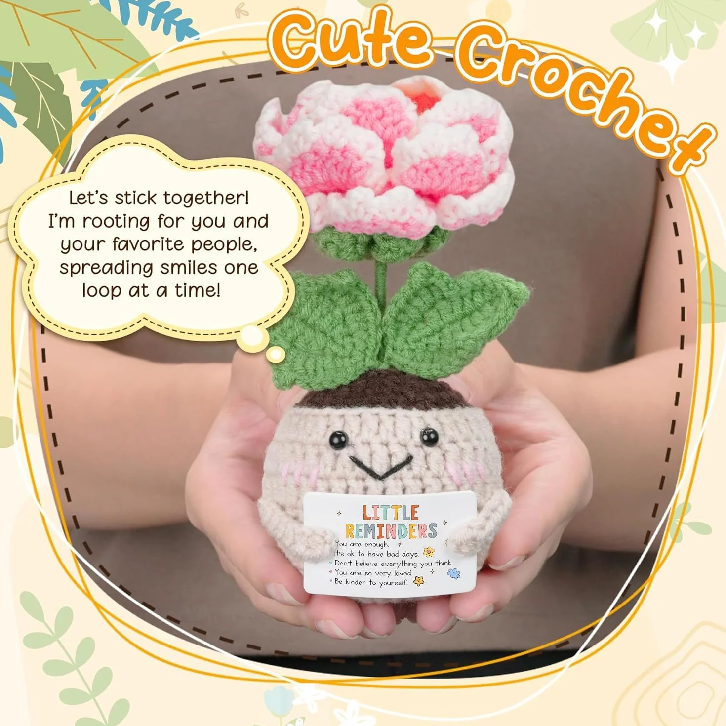 Planta de peonía de ganchillo hecha a mano con foto/texto personalizada, para mamá de hija, decoración de escritorio de aliento Get Well Soon