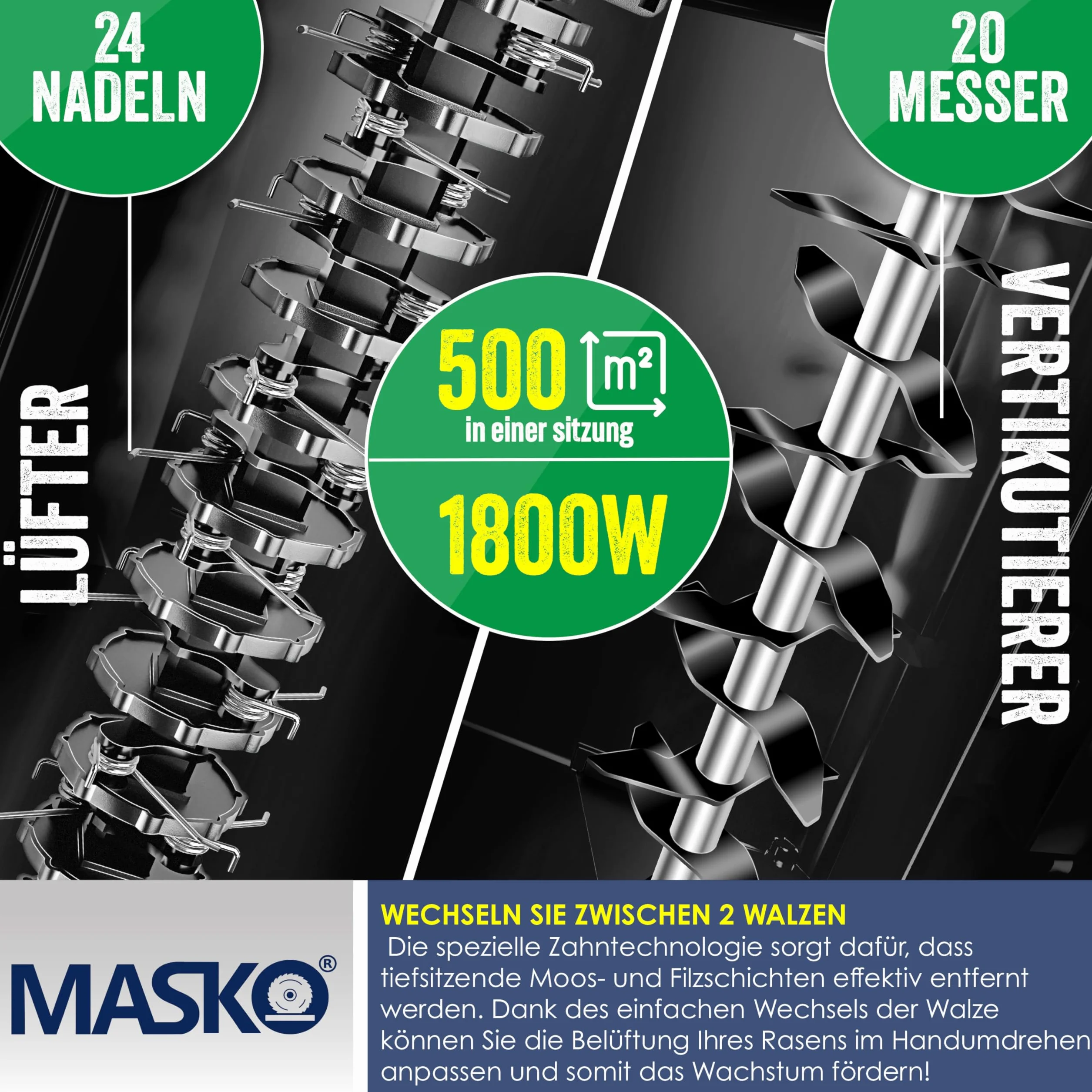 MASKO® Escarificador eléctrico 2 en 1, aireador de césped 1800W, 40 cm de ancho de trabajo, cesta de recogida de 55 l, eliminador de musgo, profundidad de trabajo ajustable en 5 etapas, negro