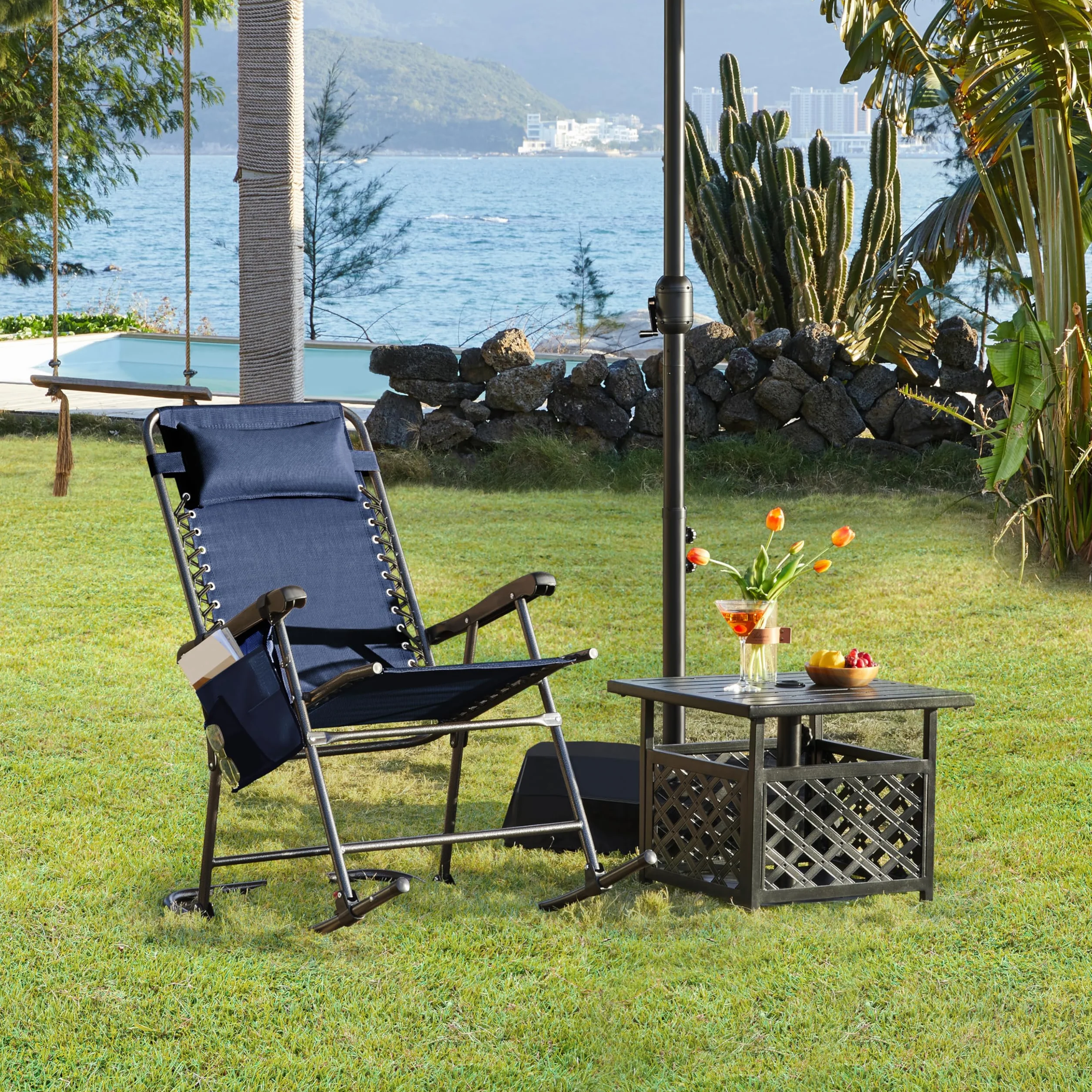 Yaheetech Mecedora Balancín Plegable Carga 120KG con Reposabrazos y Apoyo para Cabeza 102x65,5x103 cm para Exterior Acampar Porche Balcón (Azul Marino)