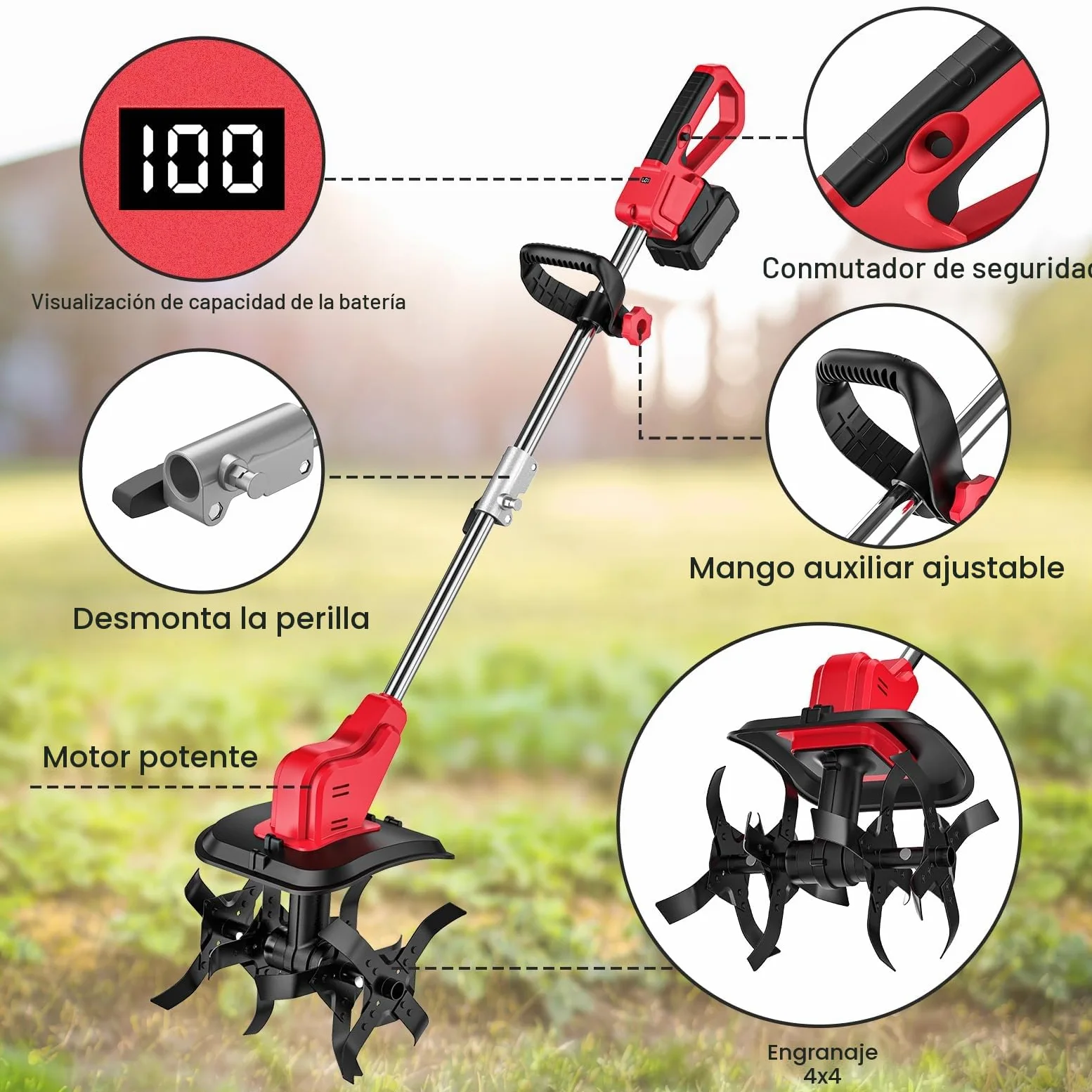 Motoazada Batería 550W, Motocultor Eléctrico 30cm con Pantalla LED, Rojo | Motor 550W, 2 Baterías 4.0Ah Inclusas, Pantalla LED, Rodillo Doble, Ancho 30cm, Mango Plegable, Ideal Para Jardinería