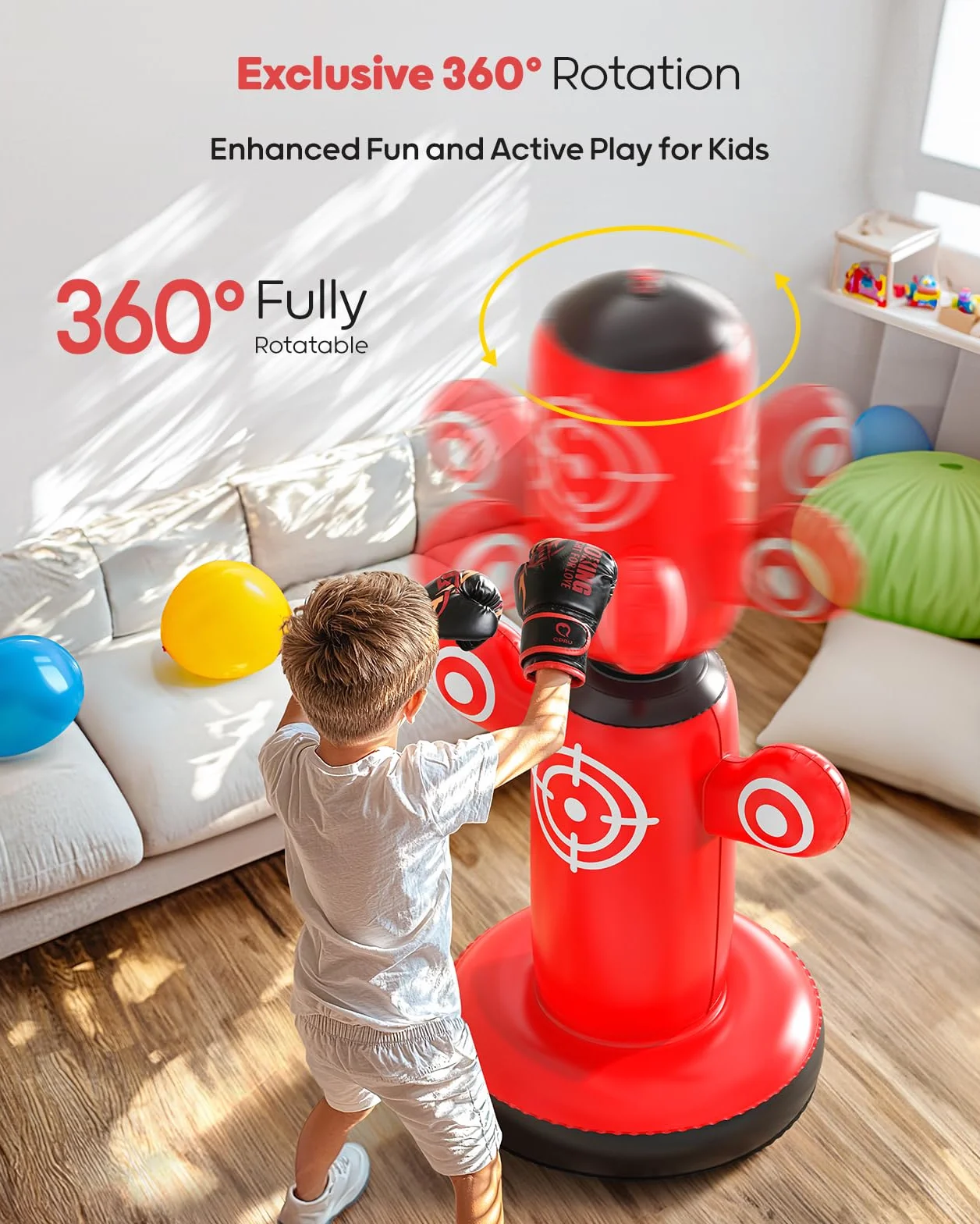 QPAU 64" Inflatable Punching Bag for Kids with Gloves, Pump & 6 Targets, 360° Rotatable Bop Bag