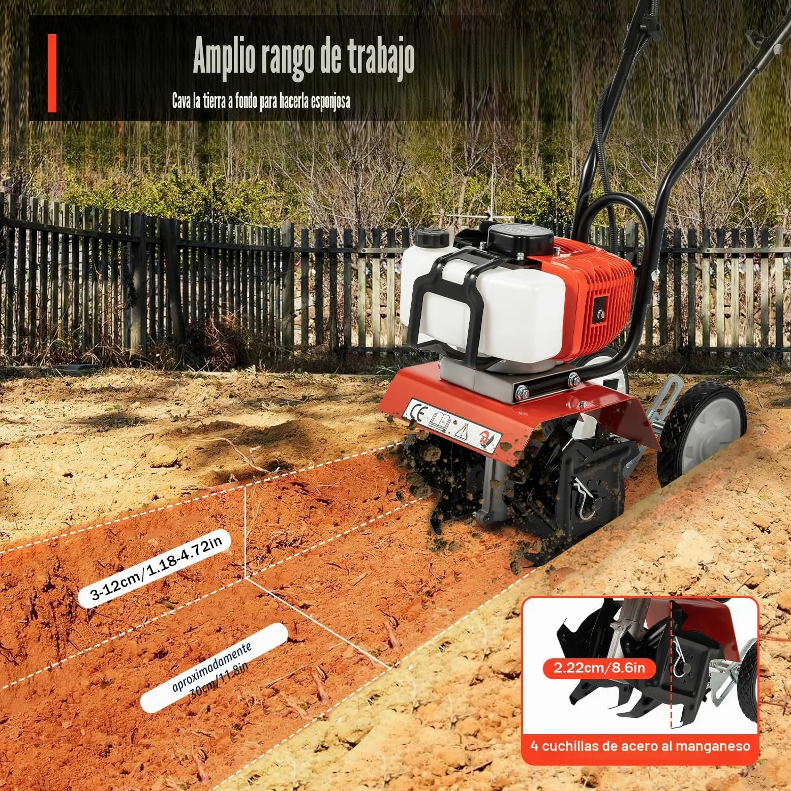 DIFU Motoazada de gasolina para jardín, 52 ccm, cultivador, 1900 W, motor de gasolina de 2 tiempos, ancho de trabajo de 300 mm, profundidad de trabajo de 120 mm, 4 peonzas con 4 cuchillos de acero al
