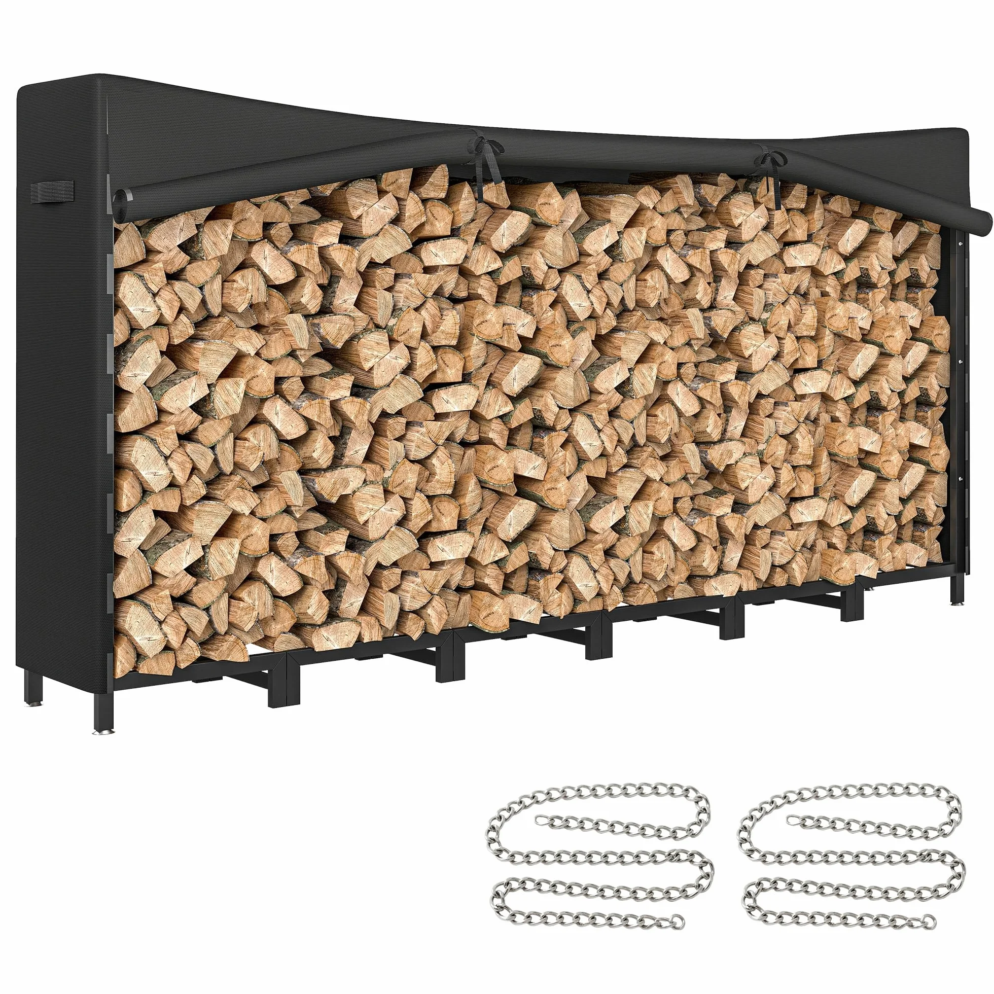 Outsunny Estante de Leña Metálico, 235x31x116 cm, Leñero Exterior con Cubierta Impermeable 600D Oxford, Marco de Acero y Cadenas de Acero, Soporte para Leña de Chimenea, Almacenaje para Madera, Negro