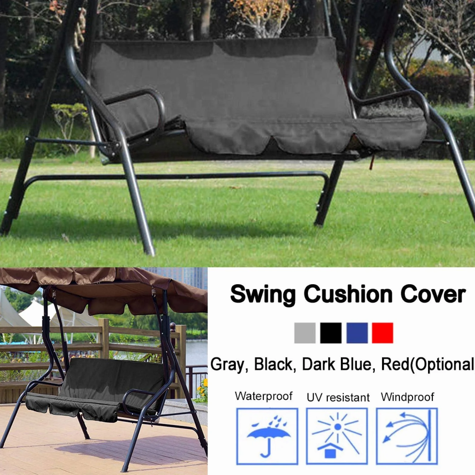 Omabeta Columpio al Aire Libre Silla de 3 Asientos Cojín Impermeable Reemplazo Funda de Asiento de Columpio Cubierta de protección para Silla de Columpio para Patio Exterior para Patio, jardín(Negro)