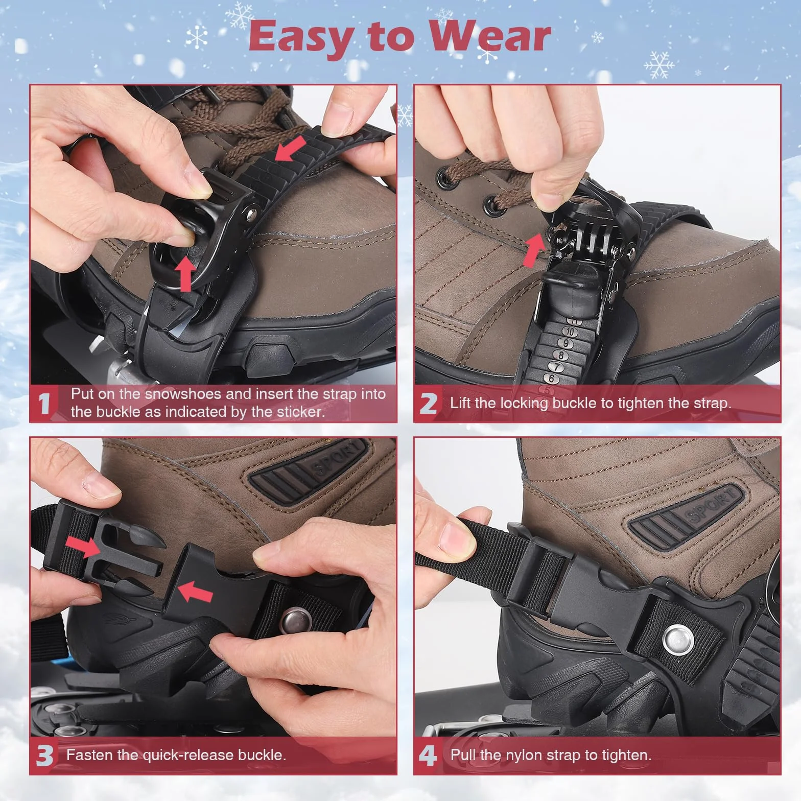 Raquetas de Nieve 4 en 1 Aluminio Bastones Ajustables Polainas Impermeables Bolsa de Transporte 63cm Rojo