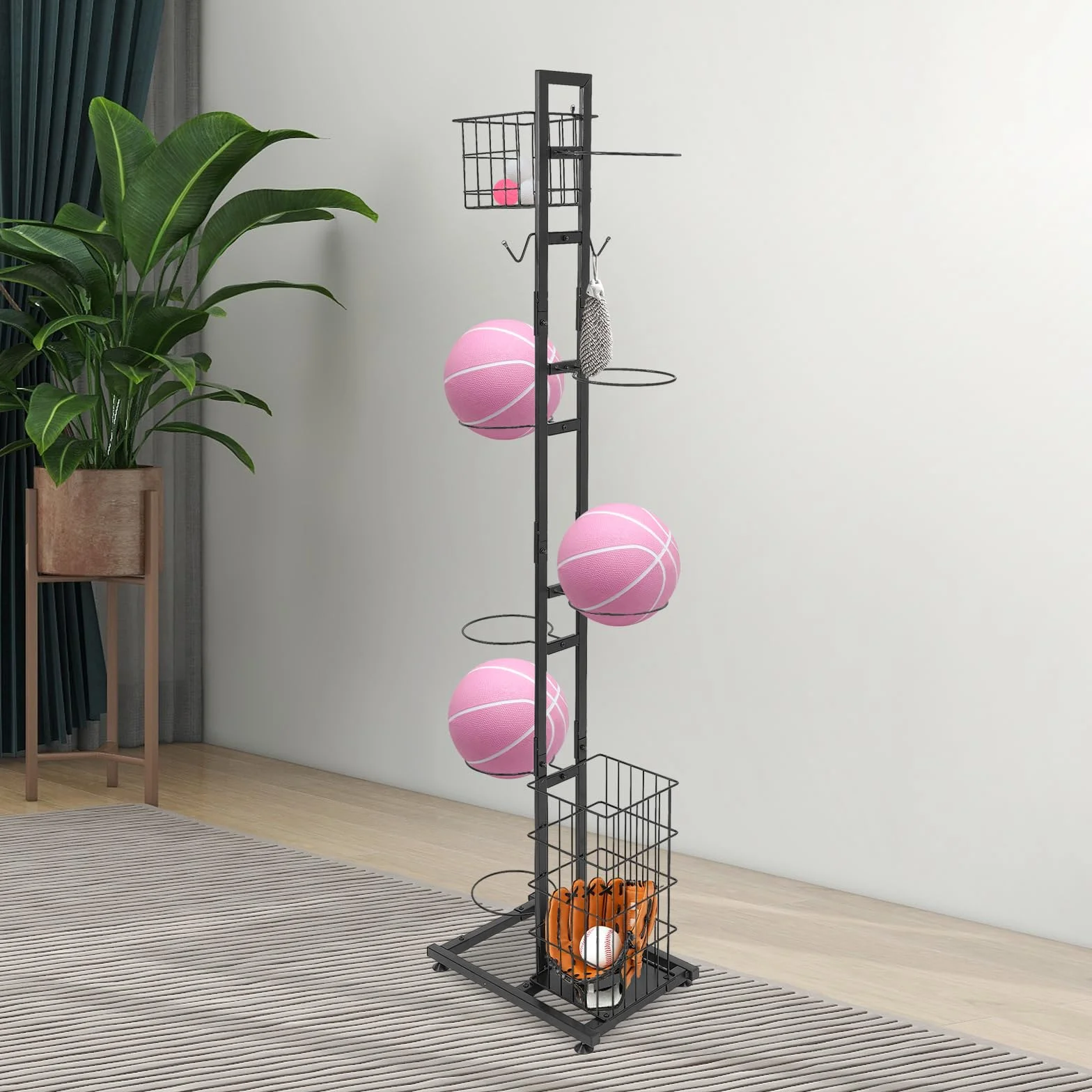 Soporte para pelotas vertical 5 soportes 2 cestas estantería exhibición fútbol voleibol baloncesto 41x28x156 cm