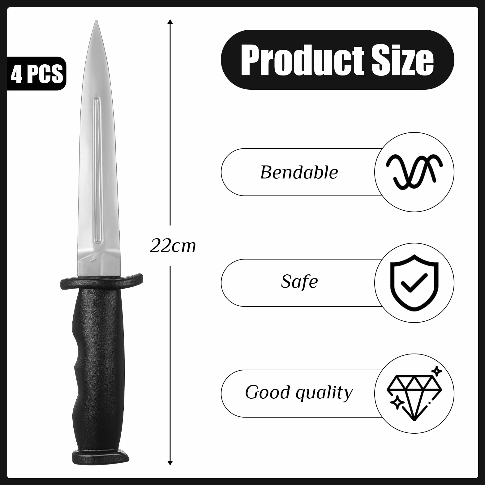 Aoriher 4 Cuchillos de Goma de Entrenamiento de Artes Marciales Arma Falso Negro y Plata