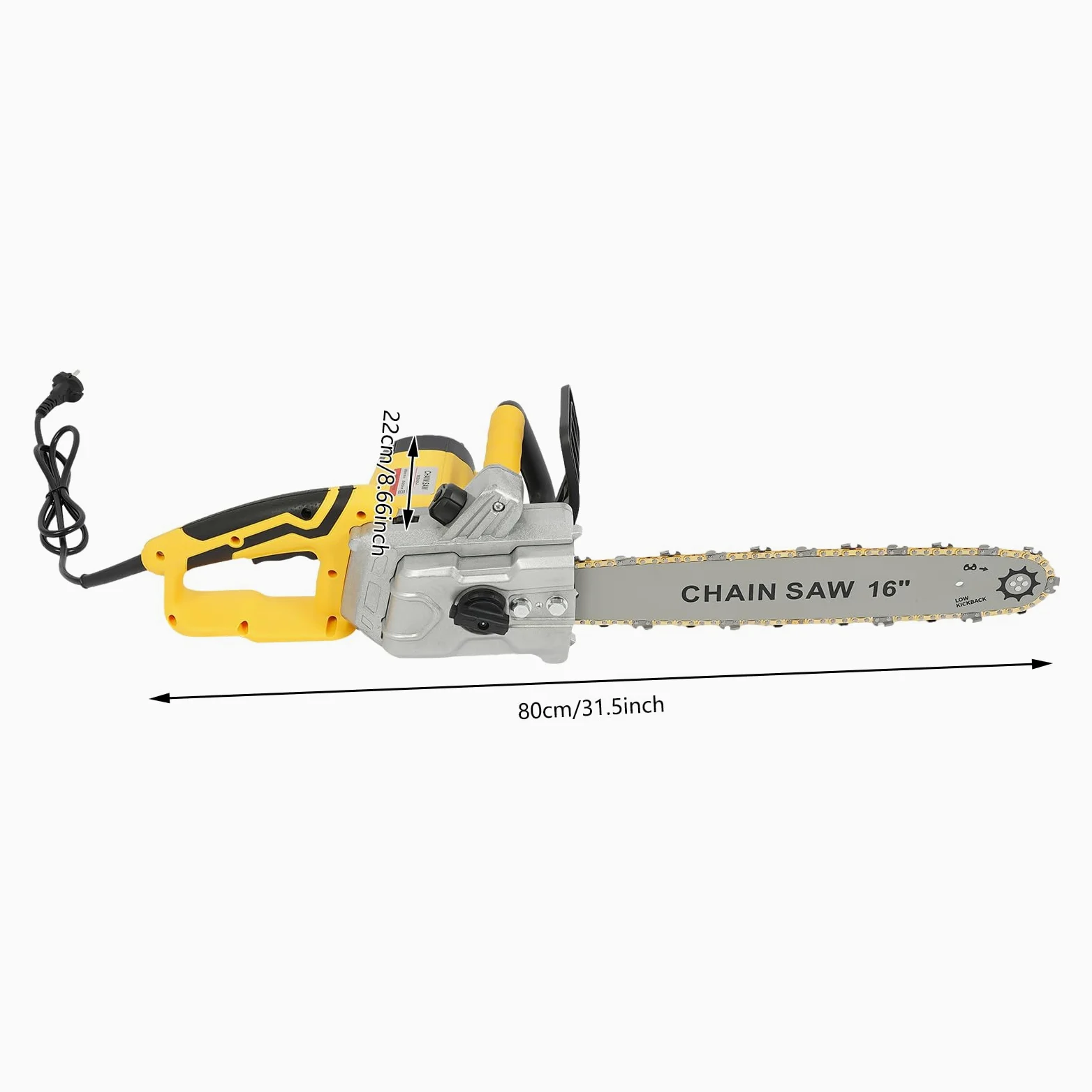 16 Zoll motosierra eléctrica con cable 2000W 800r/min con afilado automático, freno mecánico, bajo rebote, lubricación automática, tensión de cadena sin herramientas para poda (amarillo)