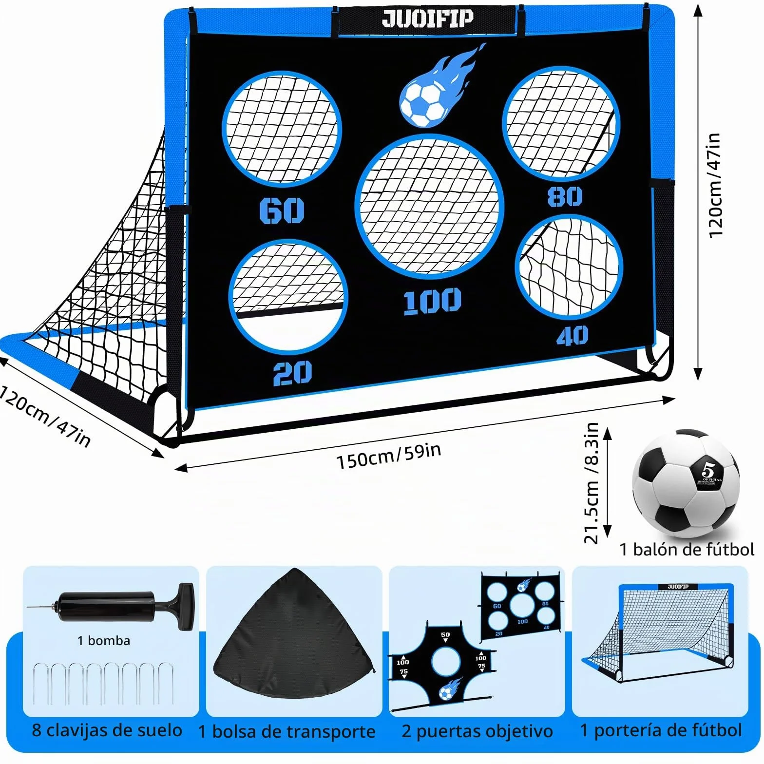 Portería de fútbol 3 en 1 para niños, red 150x120 cm, postes de jardín con 2 telas intercambiables y pelota, bolsa de transporte