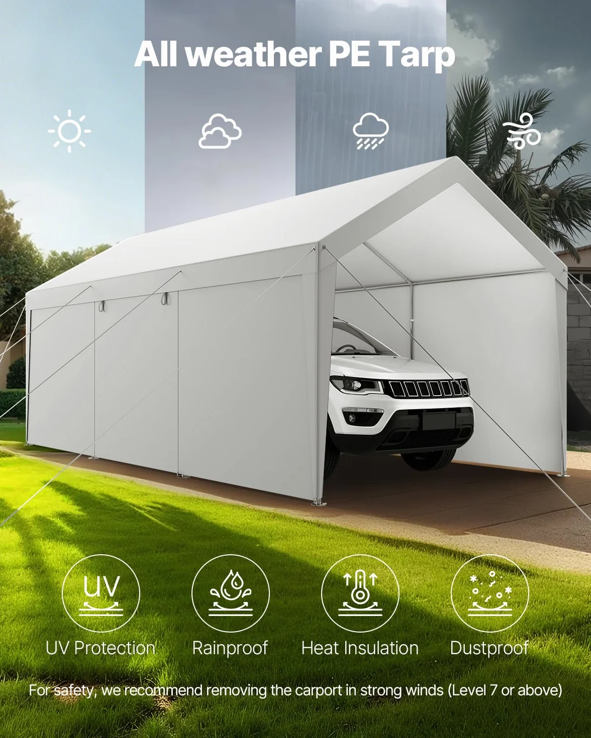 VEVOR Cochera 3,05 x 6,09 x 2,87 m Paredes Laterales Puerta Desmontables Marquesina para Coches Resistente Rayos UV Agua Blanco