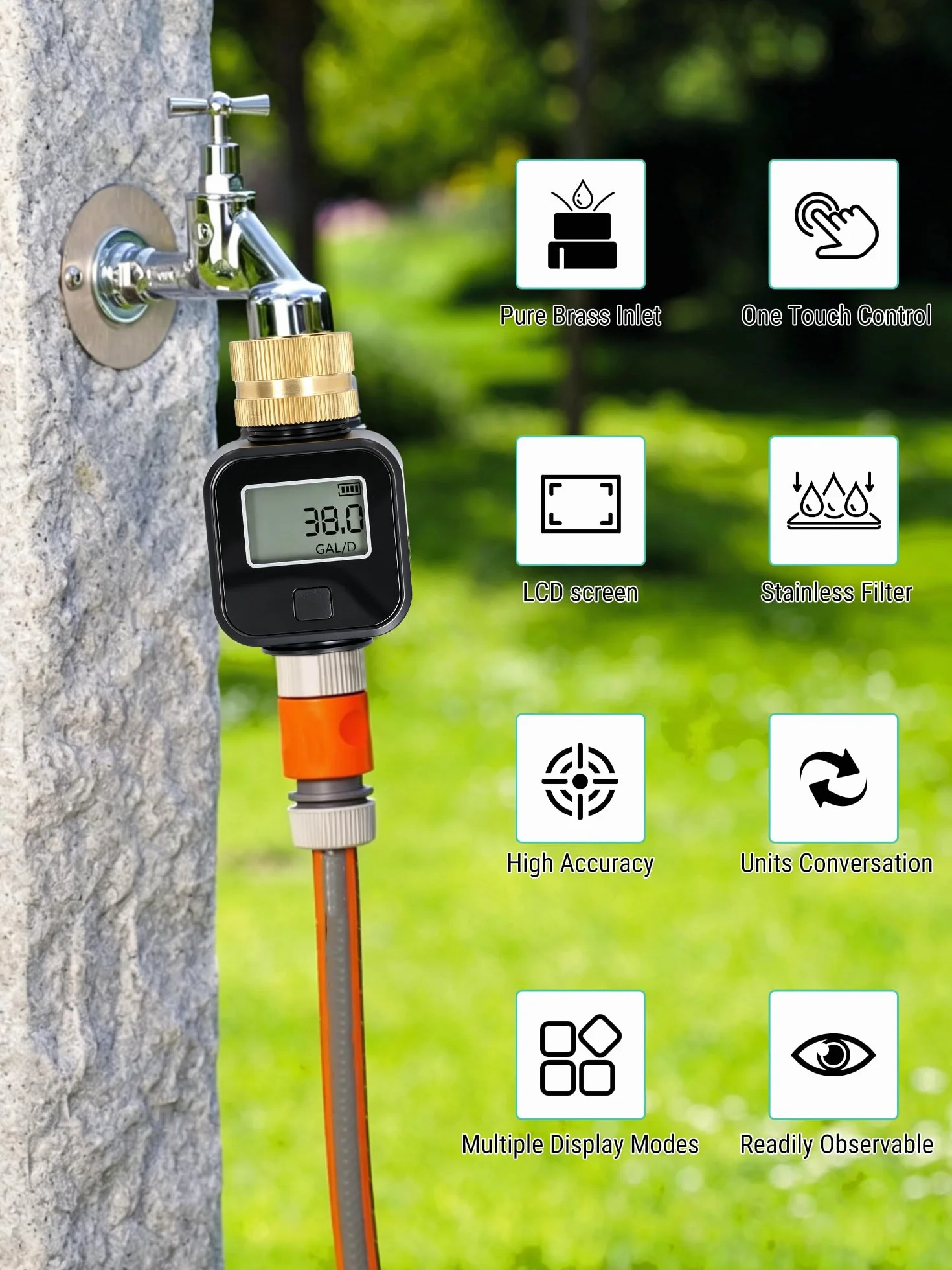 VOBOR Medidor de Flujo de Agua Digital con 4 Modos de Control de Consumo, Pantalla Giratoria 180° y Rosca de Latón, para Mangueras de Jardín, Caravanas, Aspersores y Boquillas de Riego