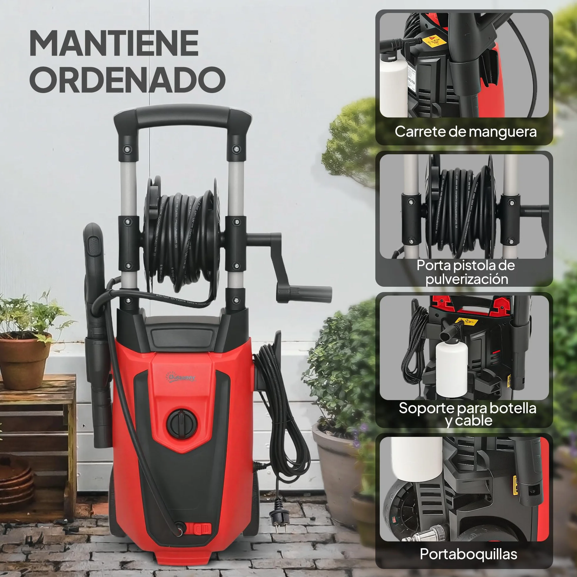 Outsunny Hidrolimpiadora de Alta Presión 1800W, Presión 150 Bar, Caudal 420 L/h, con Bomba de Aluminio, Parada Automática, Manguera de 6 m, Incluye Botella de Espuma y Boquilla Ajustable, Rojo y Negro