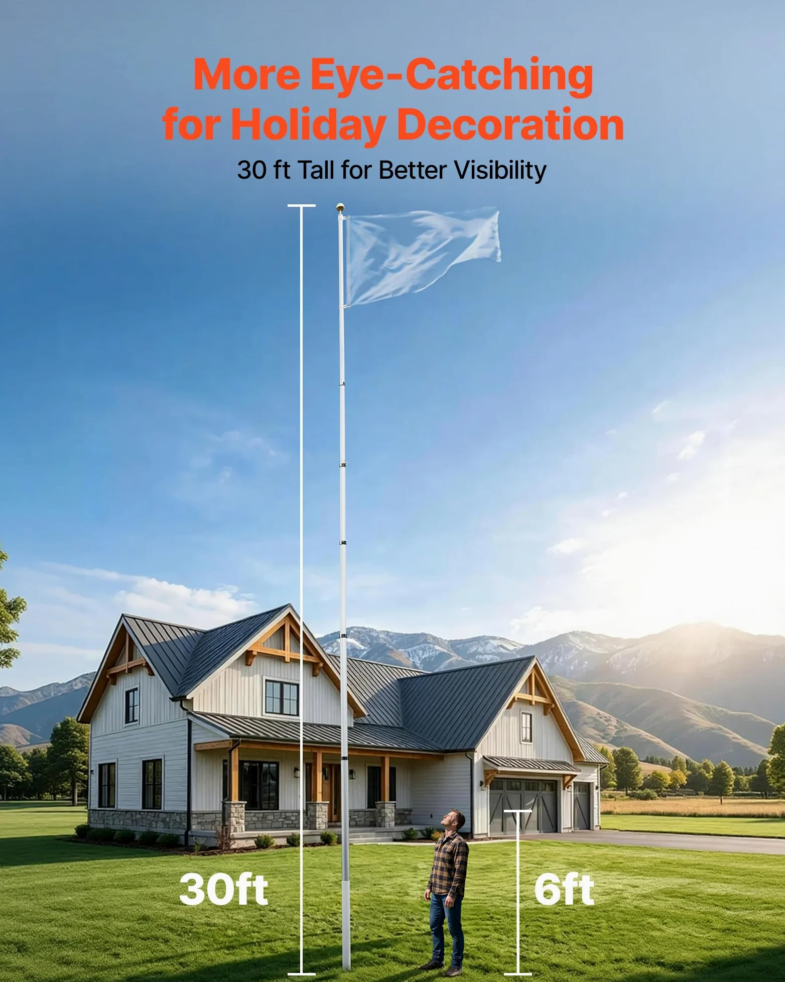 VEVOR Mástil de Bandera Telescópico para Exterior 9,14 m Asta para Bandera, Tubo Grueso de Aluminio Reforzado, Kit Completo de Instalación, para Zona Residencial Comercial Eventos, Color Plateado