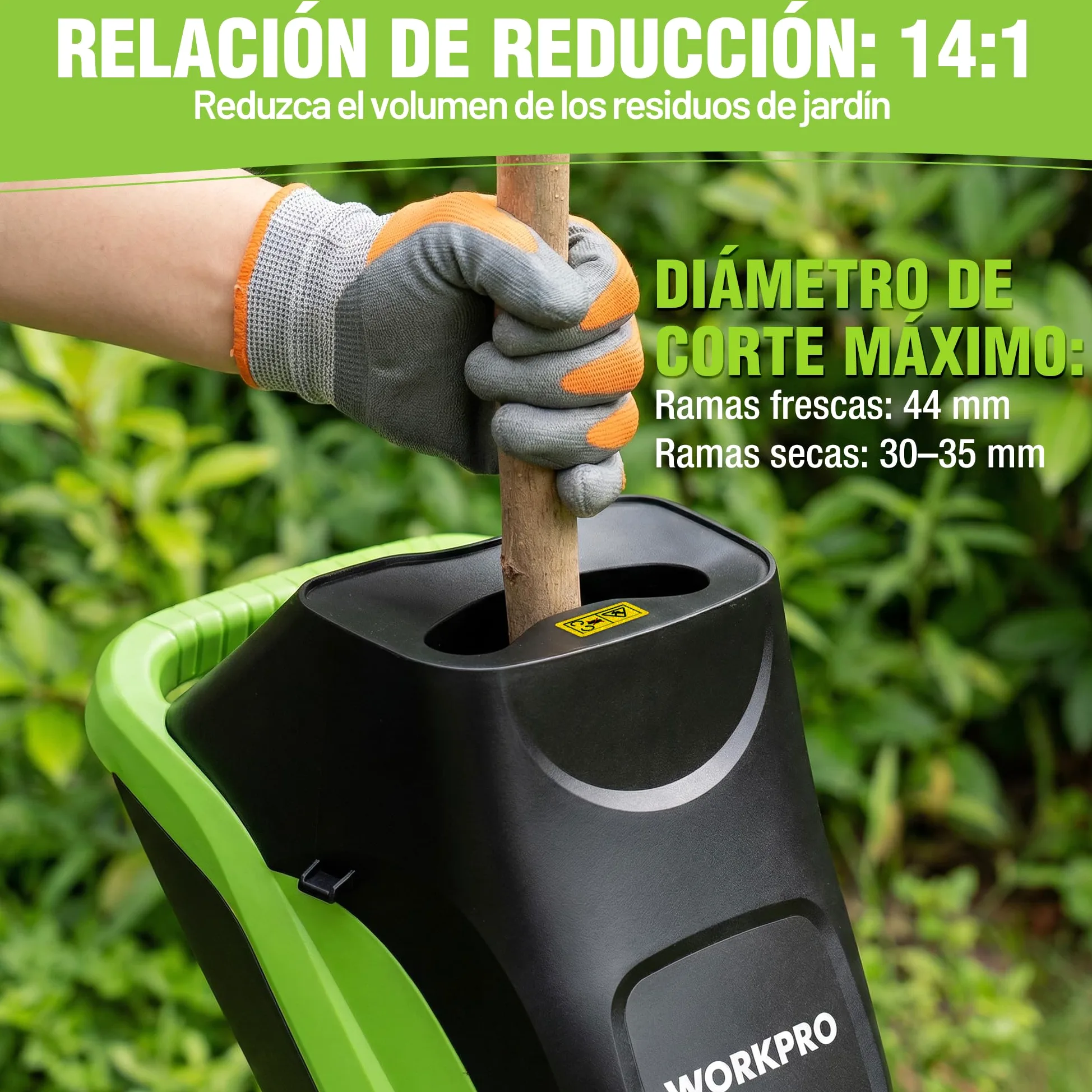 WORKPRO Trituradora de Jardin Eléctrica Cuchillas 2500W con Tijeras de Podar, Biotrituradora de Ramas Ø44 mm, 4300 RPM, Trituradora de Hojas con 2 Bolsas de 45 L, Trituradora para Residuos de Jardín