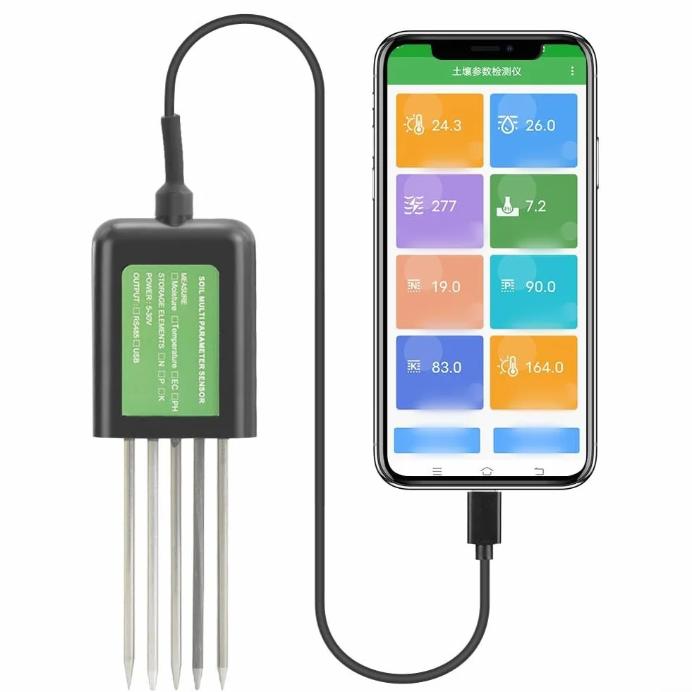 Probador de suelo 7 en 1, medidor de análisis de suelo digital USB para prueba de humedad de pH NPK para Android App compatible con cable de 1,5 m