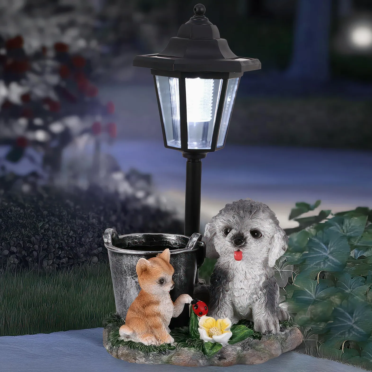 Estatua de jardín para perros con luz solar, decoración exterior, resistente al agua y linda