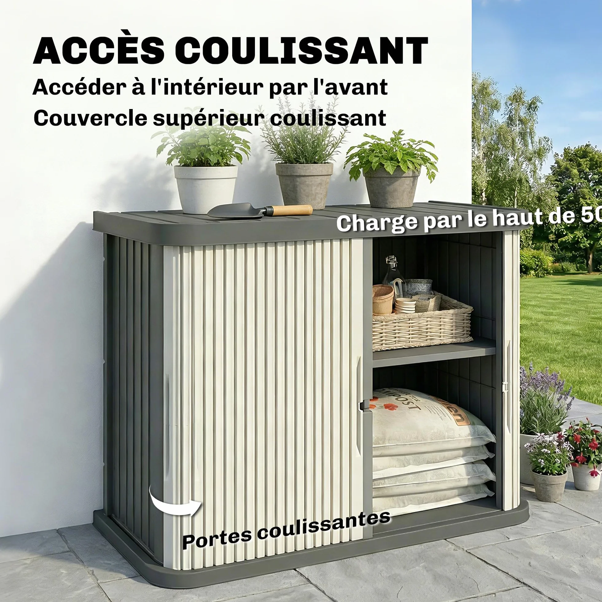 Outsunny - Caja de almacenamiento exterior (480 L, 2 niveles, con puertas correderas, caja de jardín resistente a los rayos UV, para jardín, terraza, 120,5 x 59,5 x 92 cm, color marrón claro